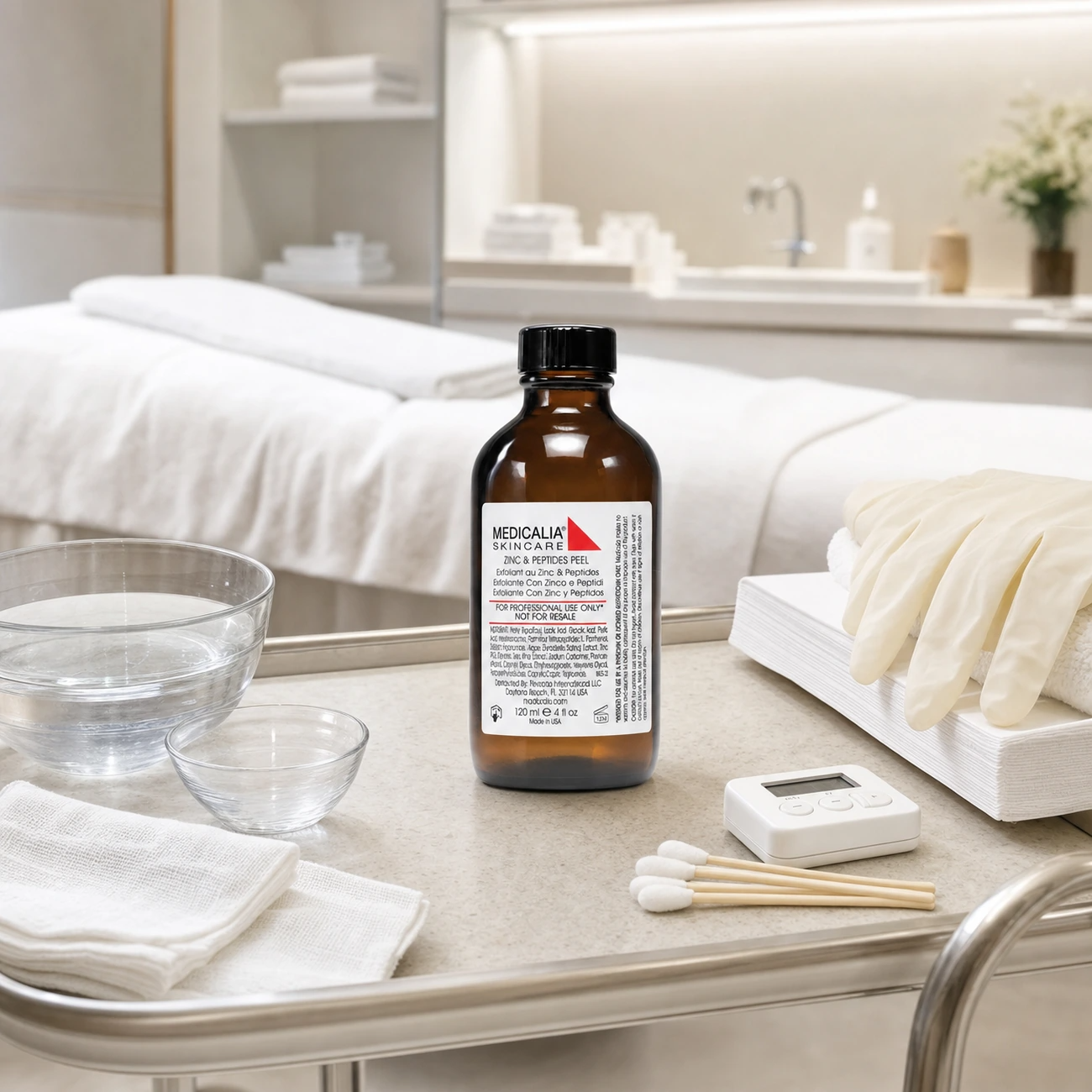 Medicalia Zinc and Peptides Peel 120ml styled as a professional medi-clinic peeling treatment product for trained therapists.