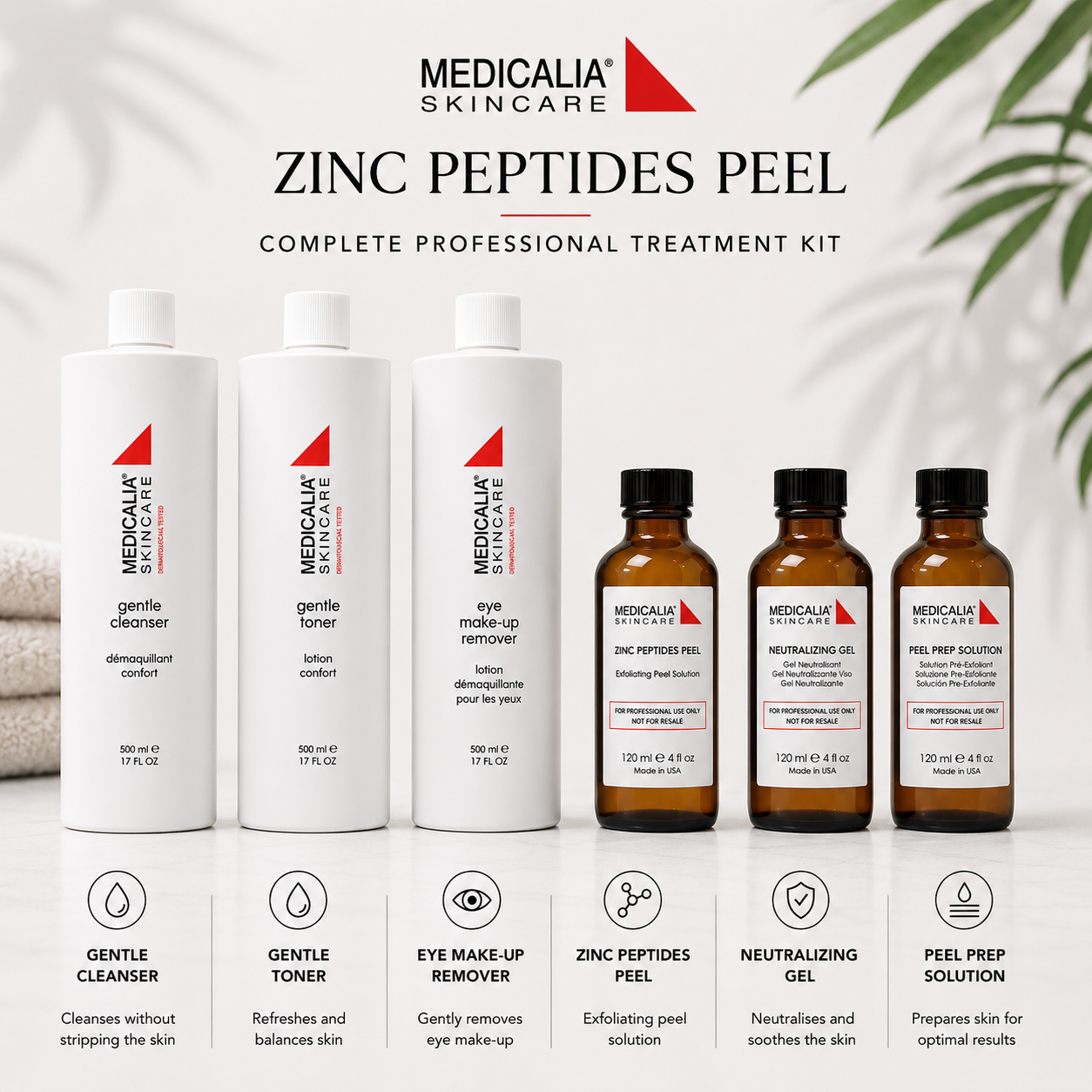 Medicalia Zinc Peptides Peel complete professional treatment kit with gentle cleanser, gentle toner, eye make-up remover, zinc peptides peel, neutralizing gel and peel prep solution.