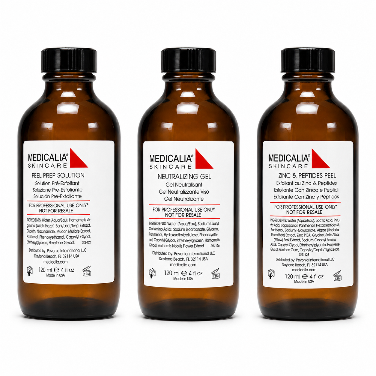 Medicalia Peel Prep Solution, Neutralizing Gel and Zinc & Peptides Peel 120ml bottles displayed together for medi clinic peeling treatments.