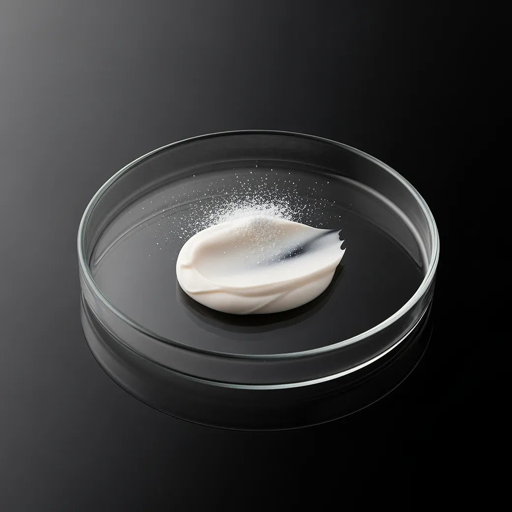 White cream on a black dish with a dark background