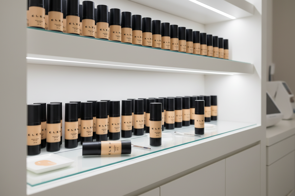 Row of Mineral Glow Skin Tint SPF 15 bottles on a shelf in a clinic retal shelf