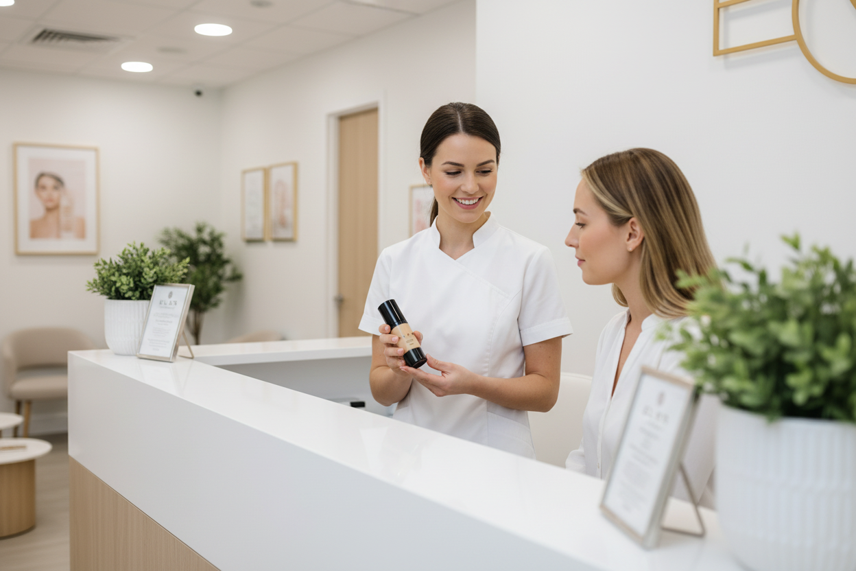 Therapist recommending Mineral Glow Skin Tint SPF 15 to client in a reception setting
