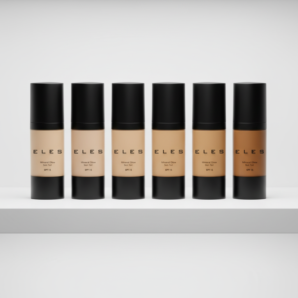 Complete shade range of ELES Mineral Glow Skin Tint SPF 15 with black caps on a gray background