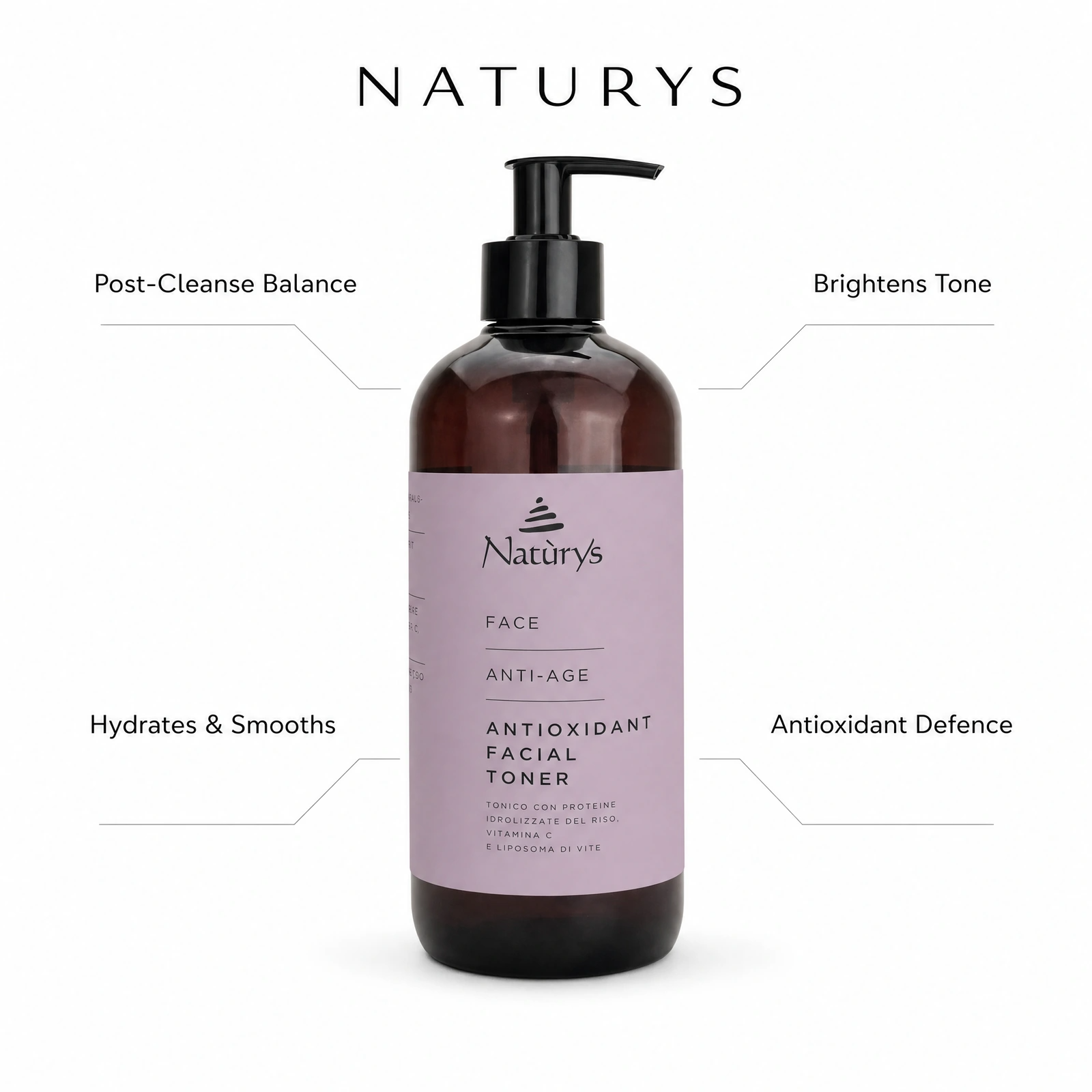 Naturys Anti-Age Antioxidant Facial Toner 500ml with professional benefit callouts for post-cleanse balance, hydration and smoothing, brightened tone and antioxidant defence.