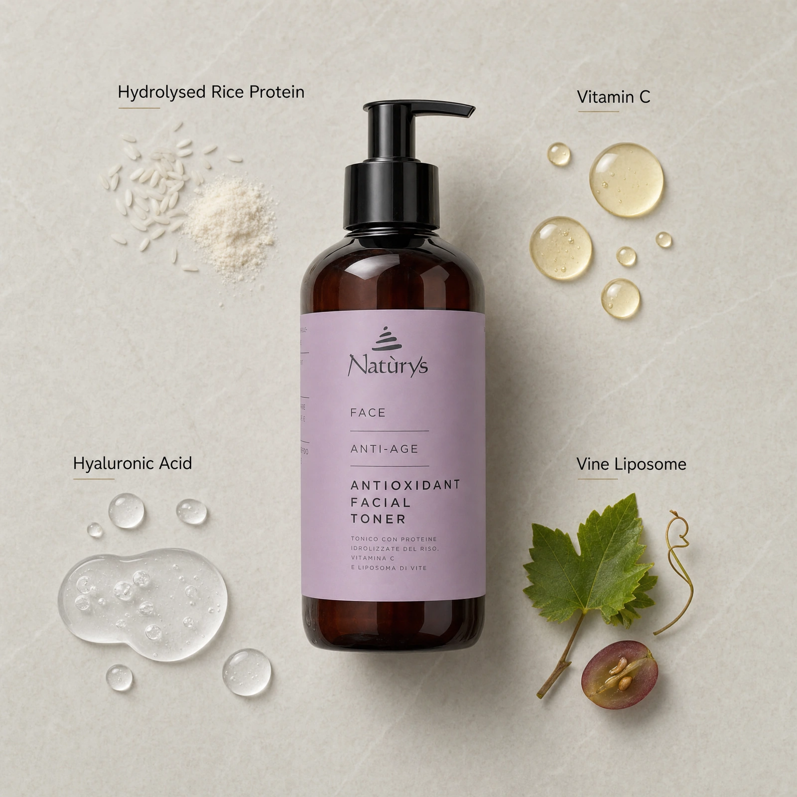 Naturys Anti-Age Antioxidant Facial Toner 500ml ingredient flatlay with Hydrolysed Rice Protein, Vitamin C, Hyaluronic Acid and Vine Liposome.