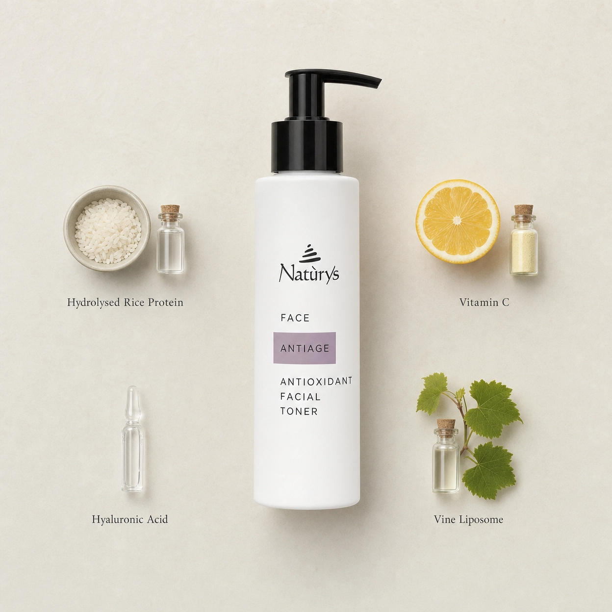 Naturys Anti-Age Antioxidant Facial Toner 150ml surrounded by labelled key ingredients including Hydrolysed Rice Protein, Vitamin C, Hyaluronic Acid and Vine Liposome on a warm stone surface