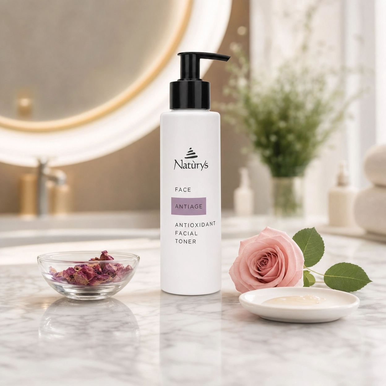  Naturys Anti-Age Antioxidant Facial Toner 150ml on a white marble vanity with dried rose petals, fresh pink rose bloom and ceramic serum dish in a luxury spa bathroom setting