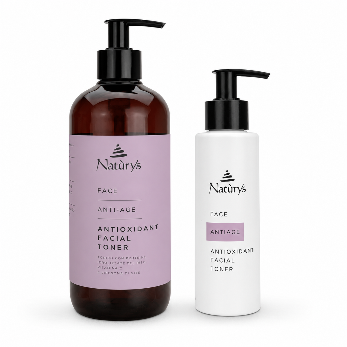 Naturys Anti-Age Antioxidant Facial Toner 500ml professional and 150ml retail bottles together on a clean white background