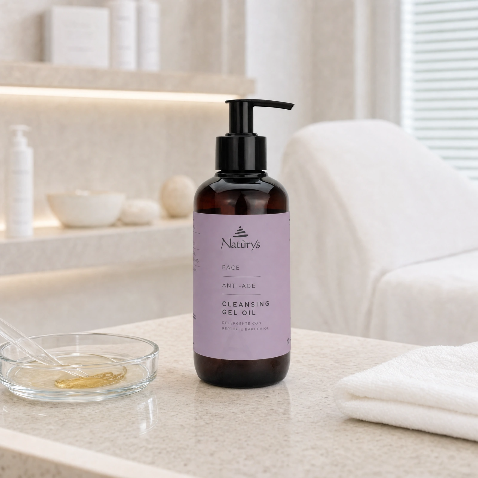 Naturys Anti-Age Cleansing Gel Oil 250ml displayed in a premium clinical treatment-room setting for professional anti-ageing cleansing preparation protocols.