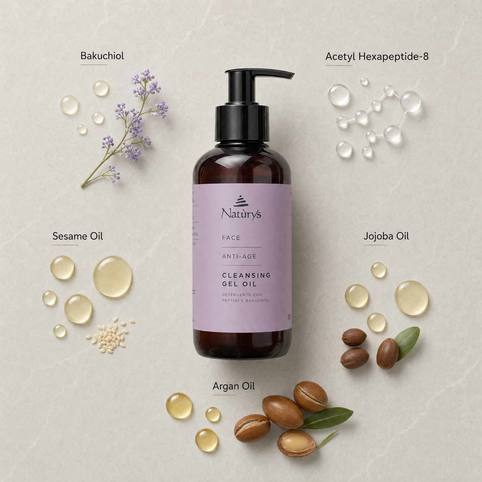 Naturys Anti-Age Cleansing Gel Oil 250ml ingredient flatlay with Bakuchiol, Acetyl Hexapeptide-8, Sesame Oil, Jojoba Oil and Argan Oil.