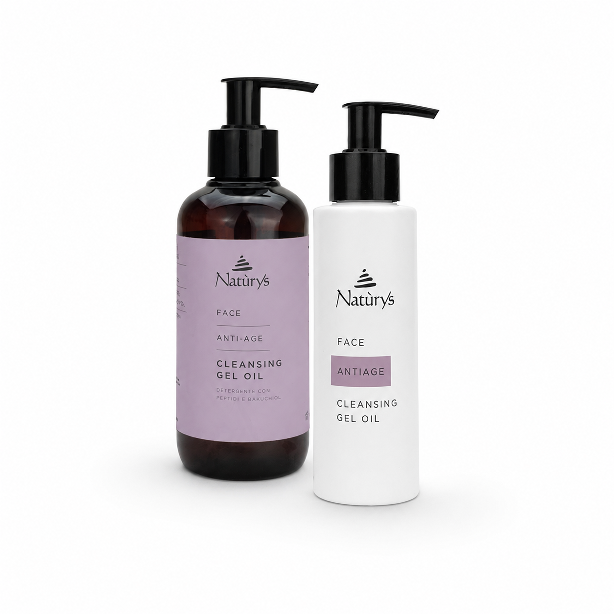 Naturys Anti-Age Cleansing Gel Oil retail and professional variant image showing the white retail pump bottle and amber professional pump bottle together on a clean white background.