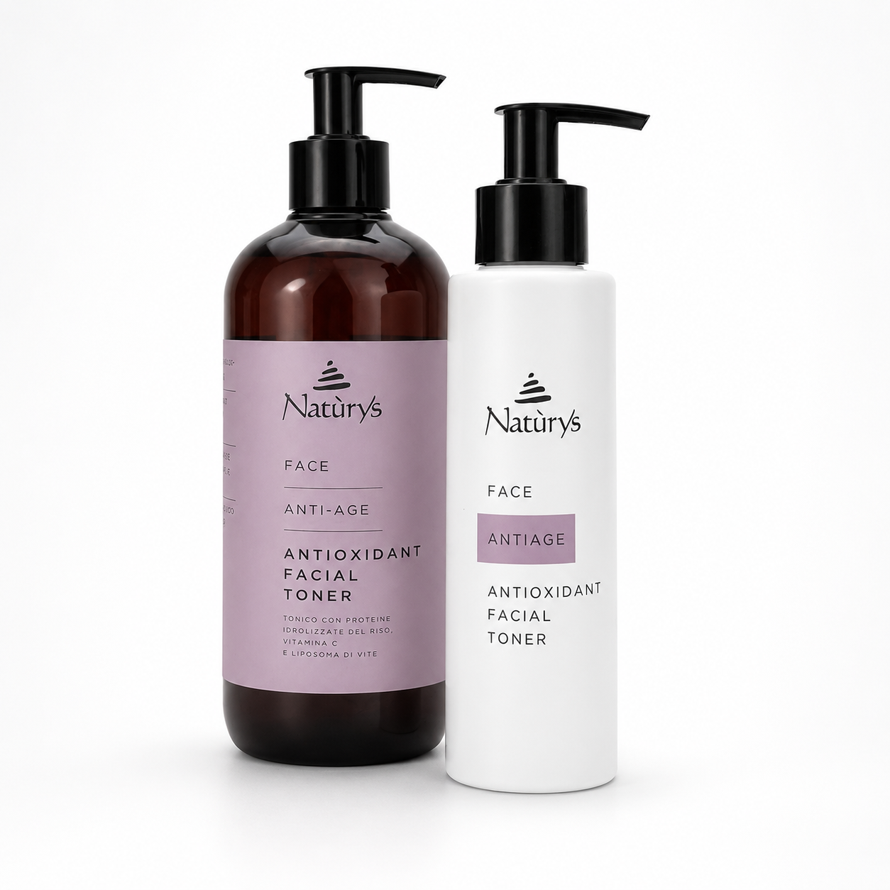 Naturys Anti-Age Cleansing Gel Oil retail and professional variant image showing the white retail pump bottle and amber professional pump bottle together on a clean white background.