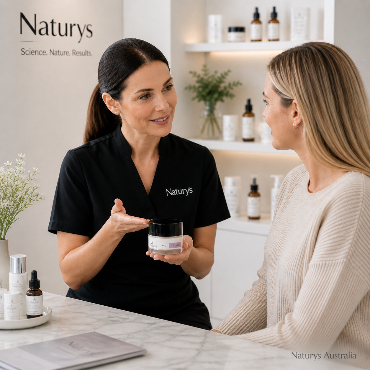 Skincare therapist recommending Naturys Anti-Age No Age Rich Cream to a client during a professional clinic consultation, highlighting expert anti-aging advice