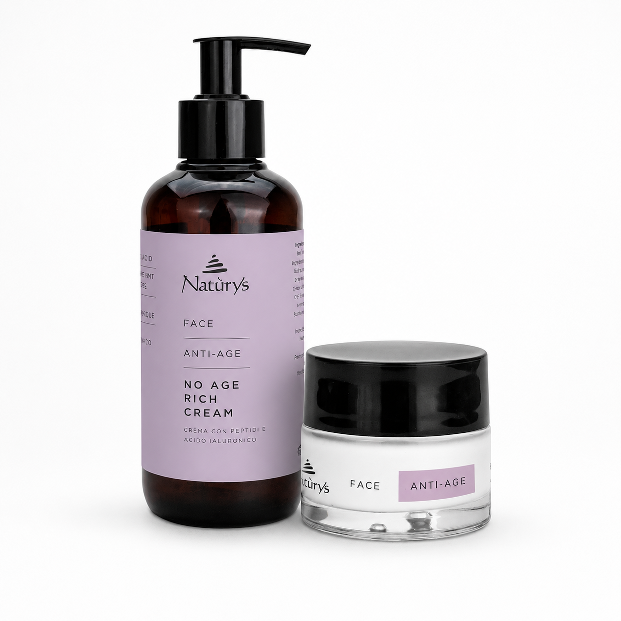 Naturys Anti-Age No Age Rich Cream retail and professional variant image showing the 50ml retail jar and 250ml professional pump bottle together on a clean white background.