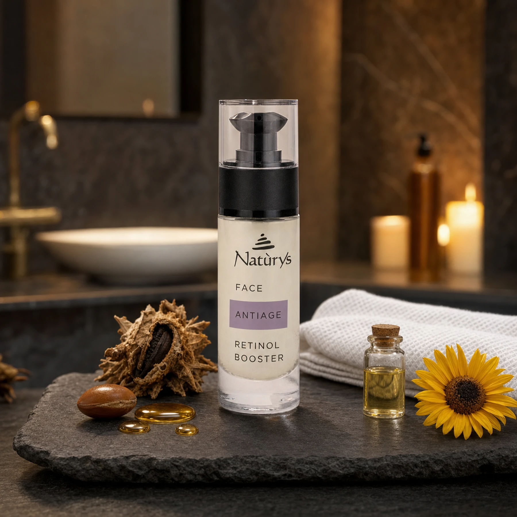 Naturys Anti-Age Retinol Booster 30ml displayed on a dark slate spa tray with argan nuts, golden oil drops, sunflower, and a white waffle cloth in a moody candlelit luxury spa bathroom setting