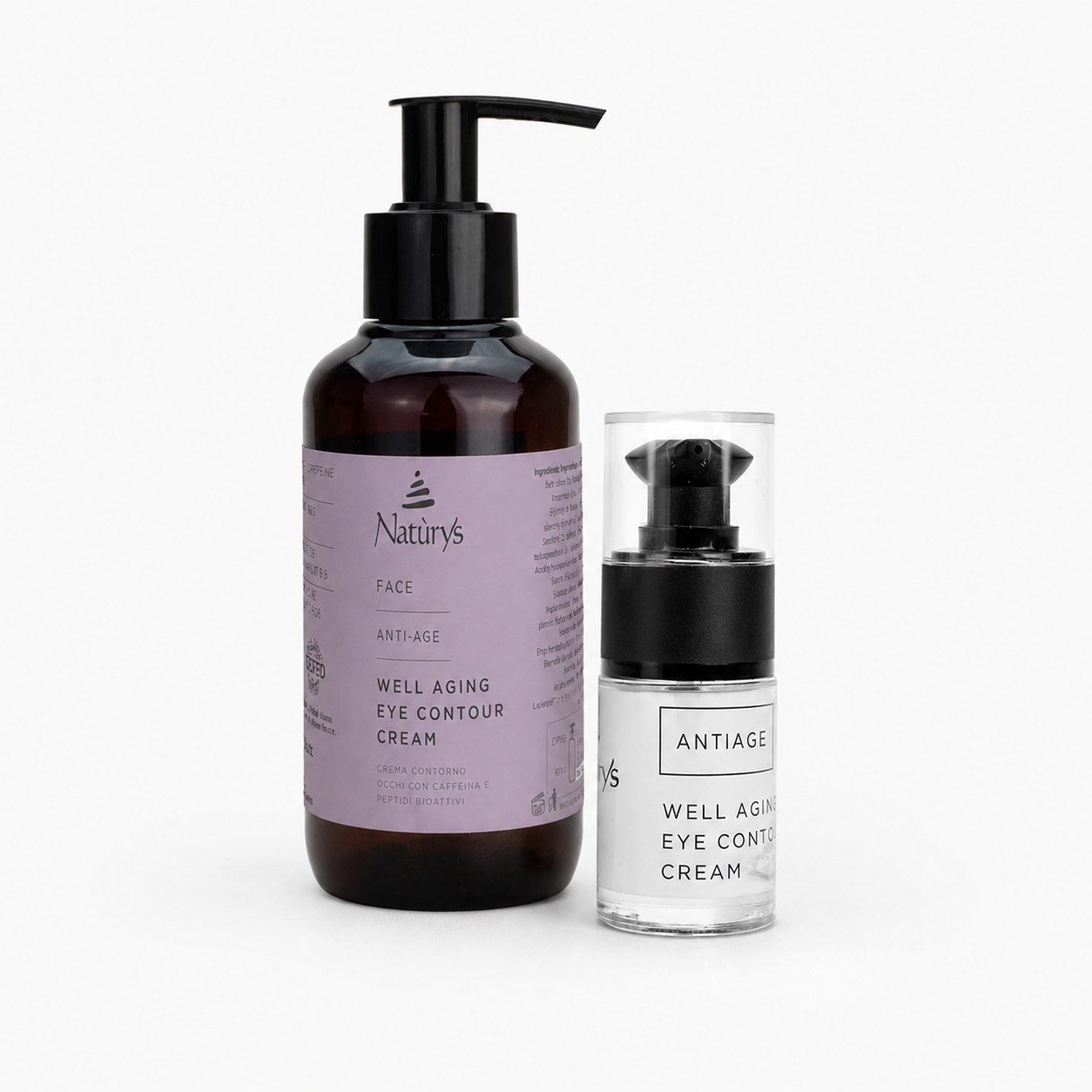 Naturys Anti-Age Well Aging Eye Contour Cream retail and professional variant image showing the 30ml retail pump bottle and 100ml professional amber pump bottle together on a clean white background.