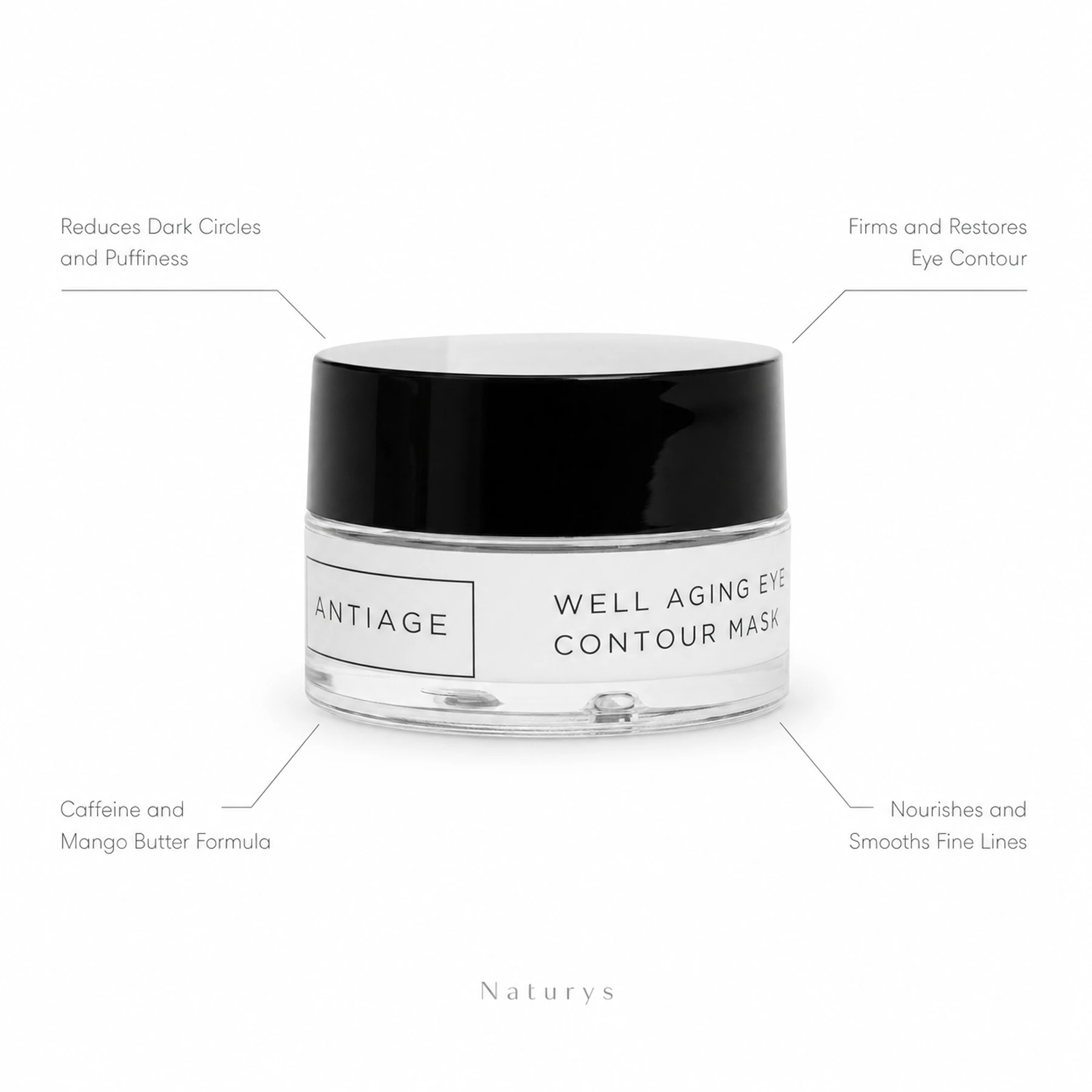 Naturys Anti-Age Well Aging Eye Contour Mask 30ml on white background with four benefit callouts: Reduces Dark Circles and Puffiness, Firms and Restores Eye Contour, Caffeine and Mango Butter Formula, Nourishes and Smooths Fine Lines