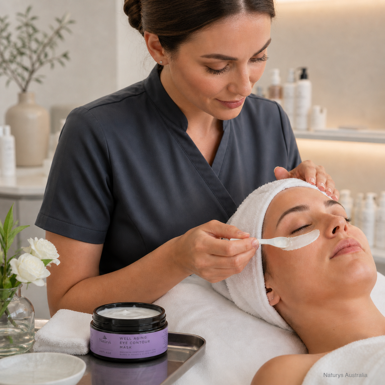 Beauty therapist applying Naturys Anti-Age Well Aging Eye Contour Mask to a client in a professional clinic treatment setting, with the open product jar displayed beside the bed.
