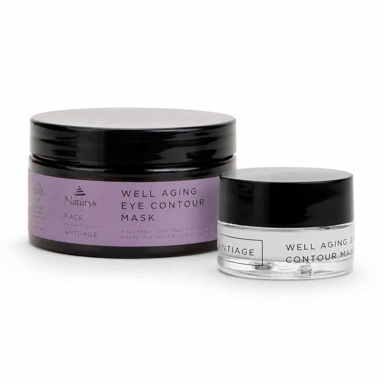 Naturys Anti-Age Well Aging Eye Contour Mask retail and professional variant image showing the 30ml retail jar and 100ml professional jar together on a clean white background.