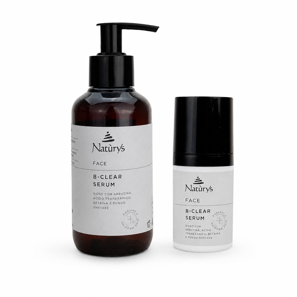 Naturys B-Clear Serum duo showing the 100 ml professional pump bottle and 30 ml retail airless pump bottle side by side for brightening and improving the appearance of uneven skin tone and dark spots.