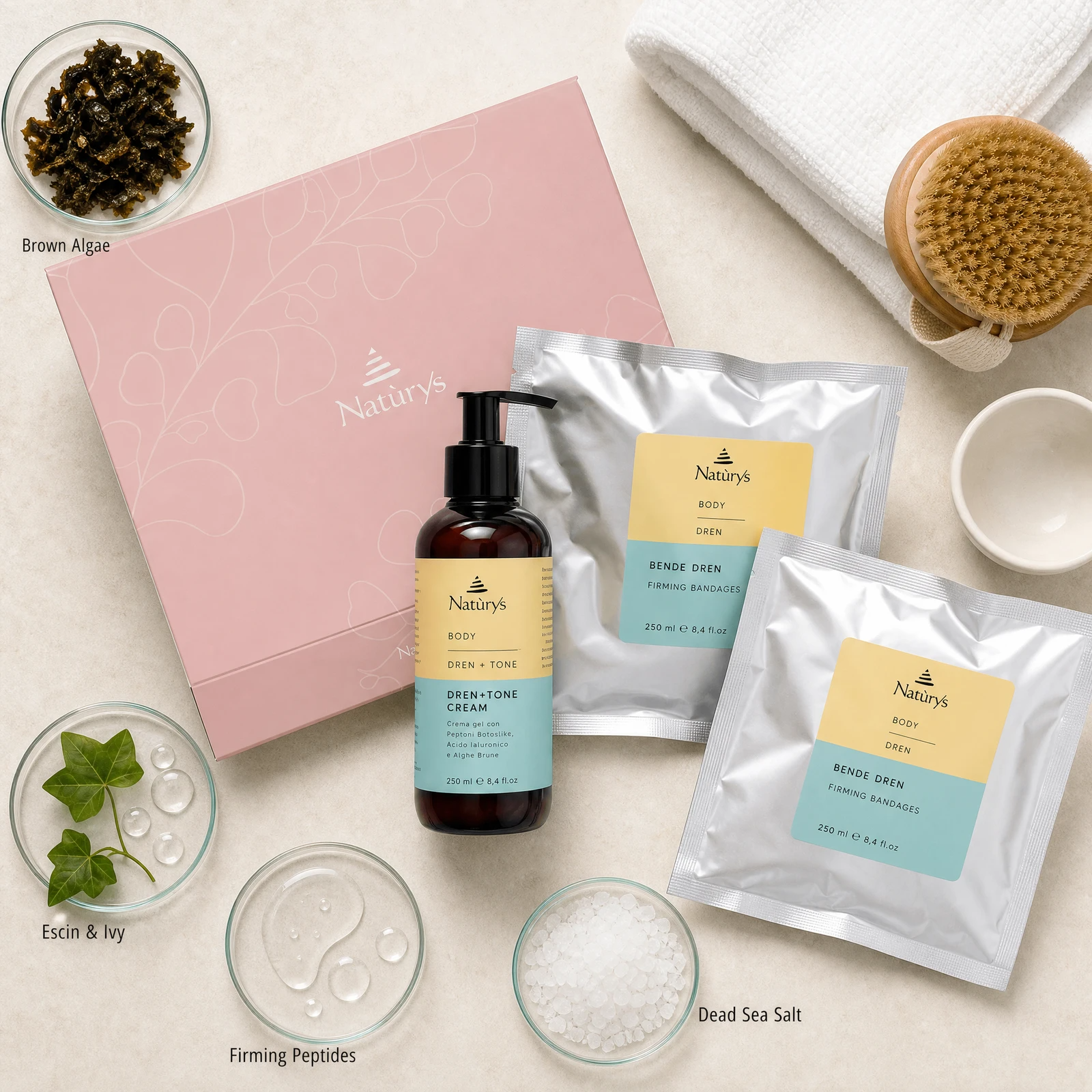 Naturys Body Box Dren ingredient flatlay with brown algae extract, escin with ivy extract, firming peptides, and Dead Sea salt in clean glass petri dishes.