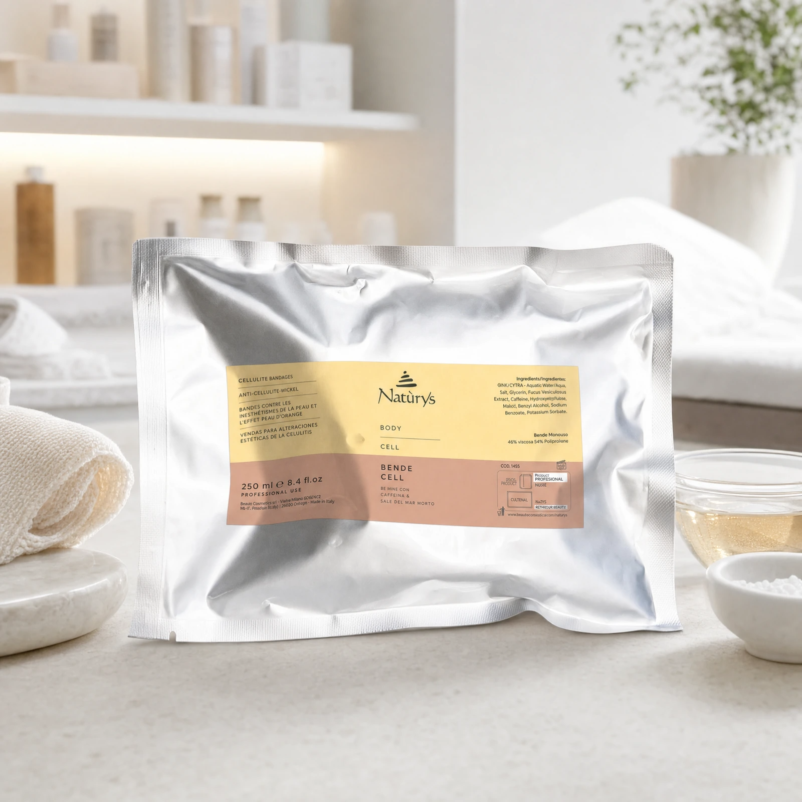 Naturys Body Cell Cellulite Bandages 1pc x 250ml benefit callout image highlighting cellulite smoothing, firming, drainage support and refreshing tightening effect.