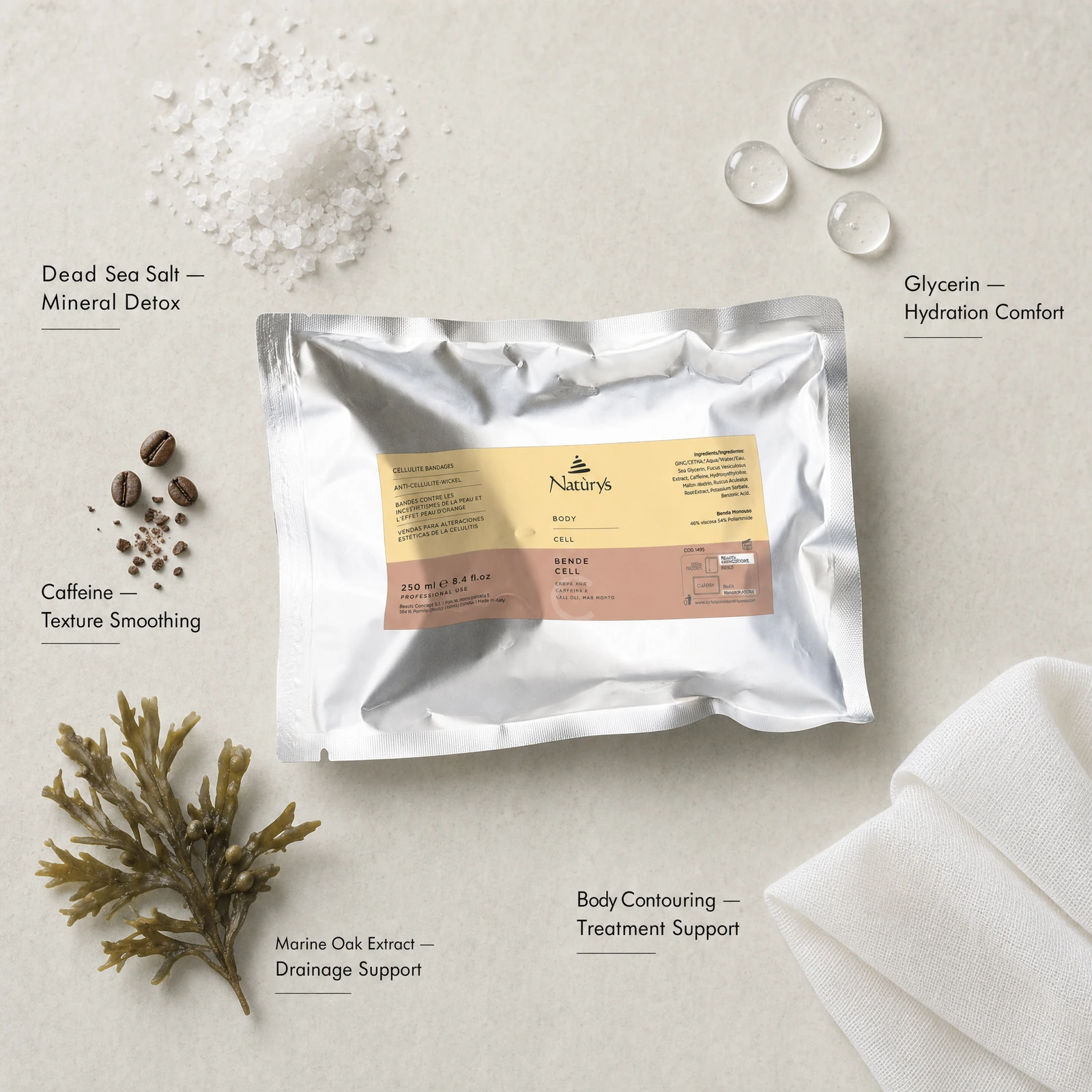Naturys Body Cell Cellulite Bandages 1pc x 250ml ingredient flatlay featuring Dead Sea salt, caffeine, marine oak extract and glycerin for professional body treatment support.