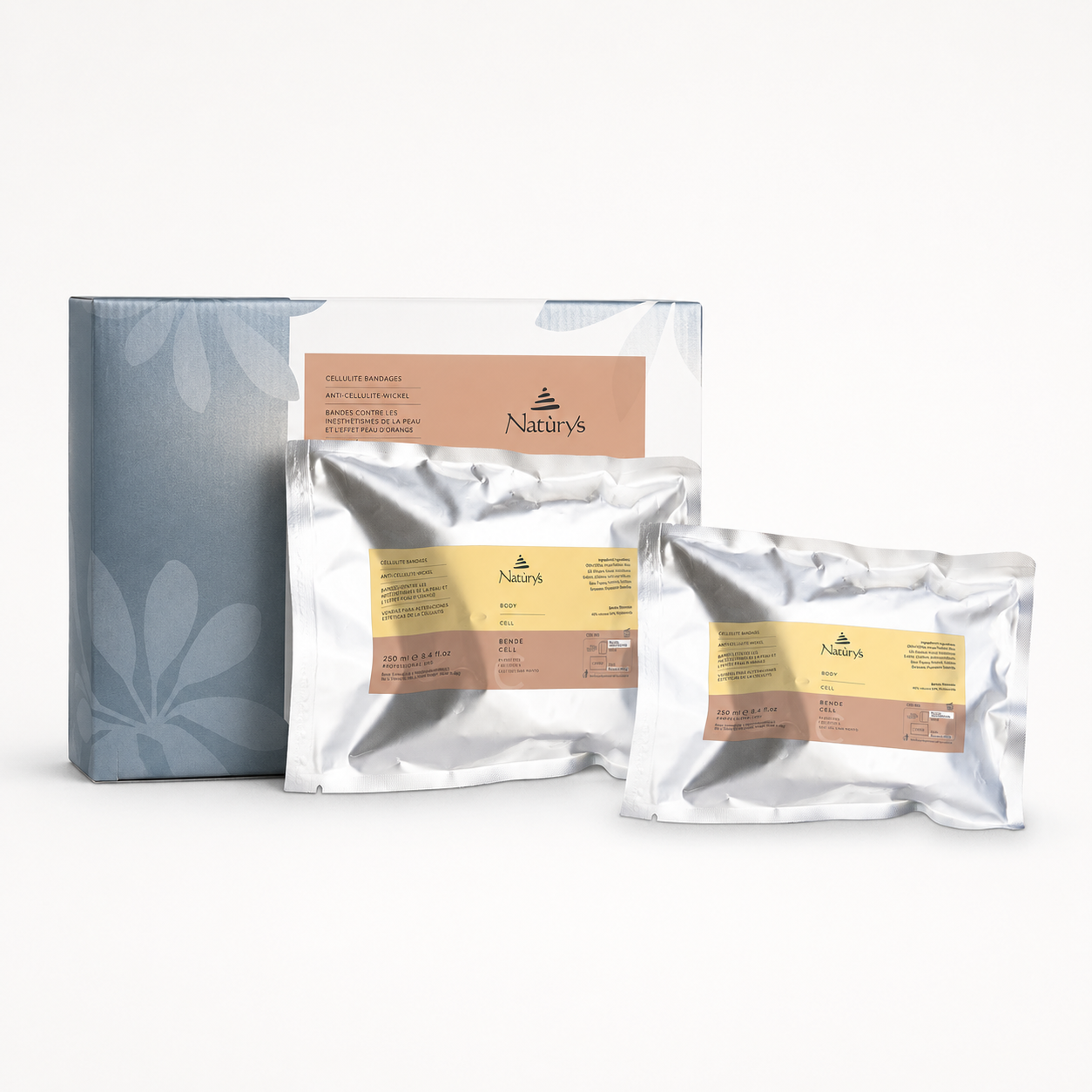 Naturys Body Cell Cellulite Bandages retail and professional variant image showing the single 250ml sachet and professional box with sachet together on a clean white background.