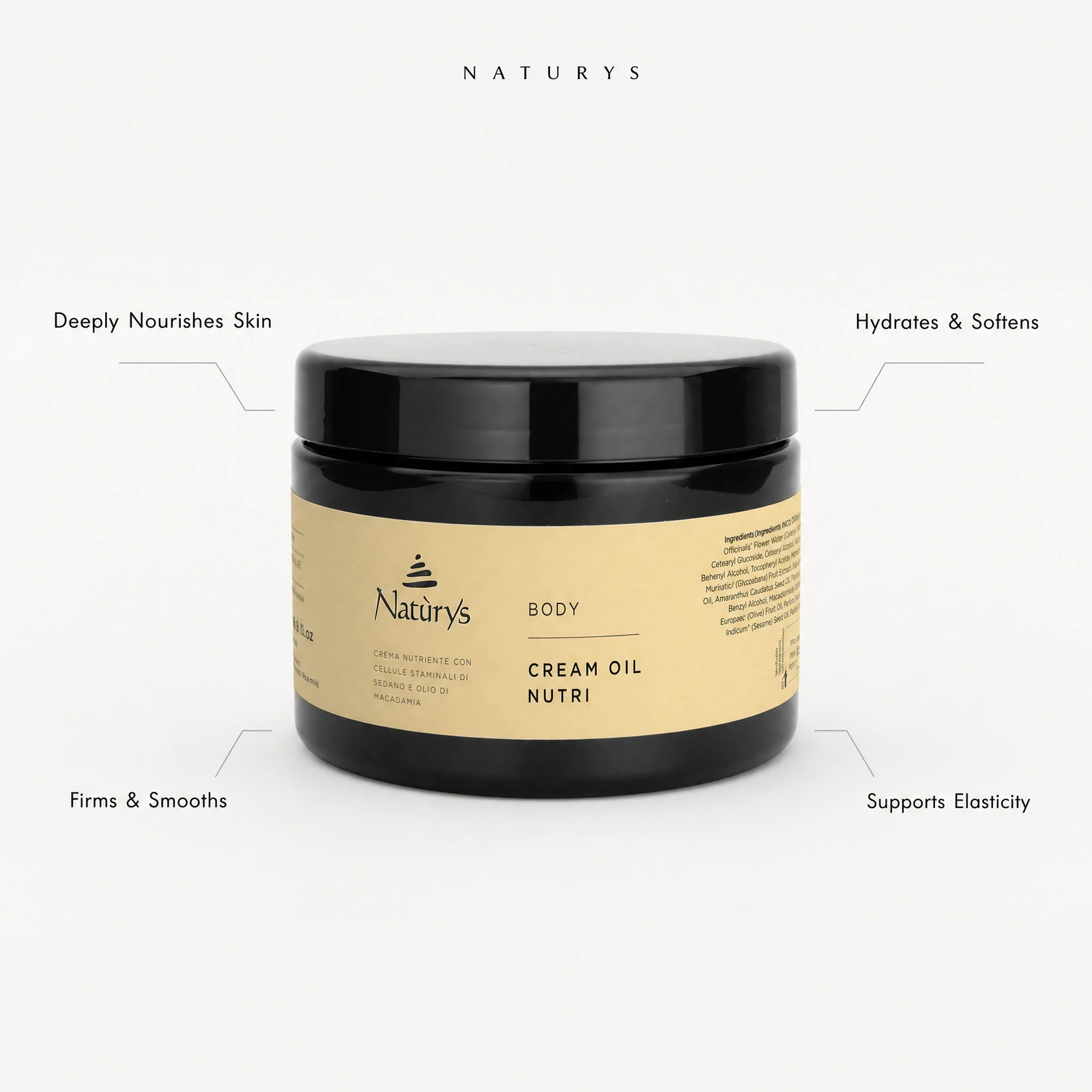 Naturys Body Cream Oil Nutri 500ml in a premium clinical spa treatment room setting for professional body care and massage treatment support.