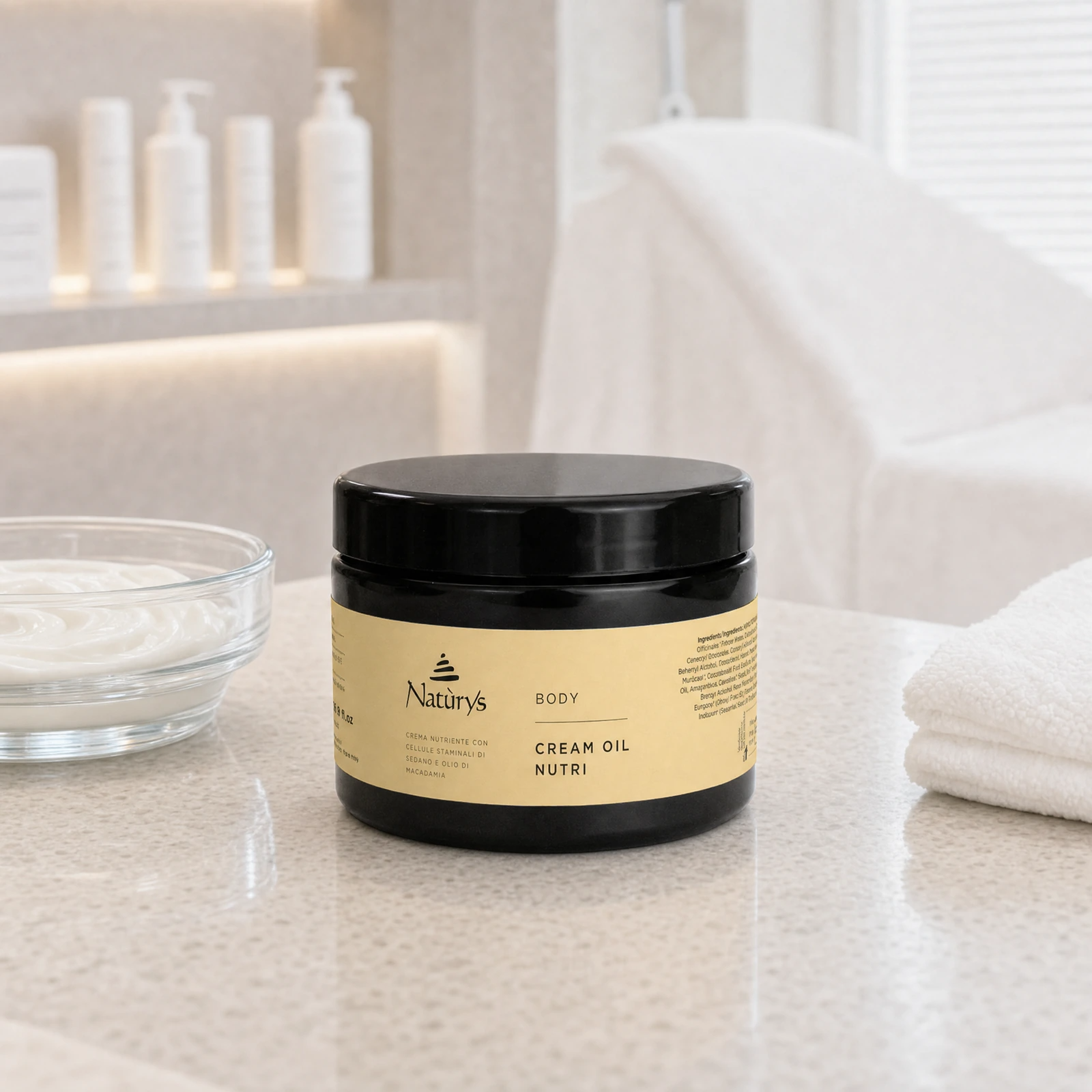 Naturys Body Cream Oil Nutri 500ml in a premium clinical spa treatment room setting for professional body care and massage treatment support.