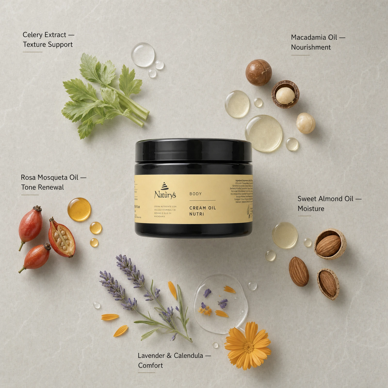 Naturys Body Cream Oil Nutri 250ml benefit callout image highlighting nourishing, hydrating, firming and elasticity support for dry or mature skin.
