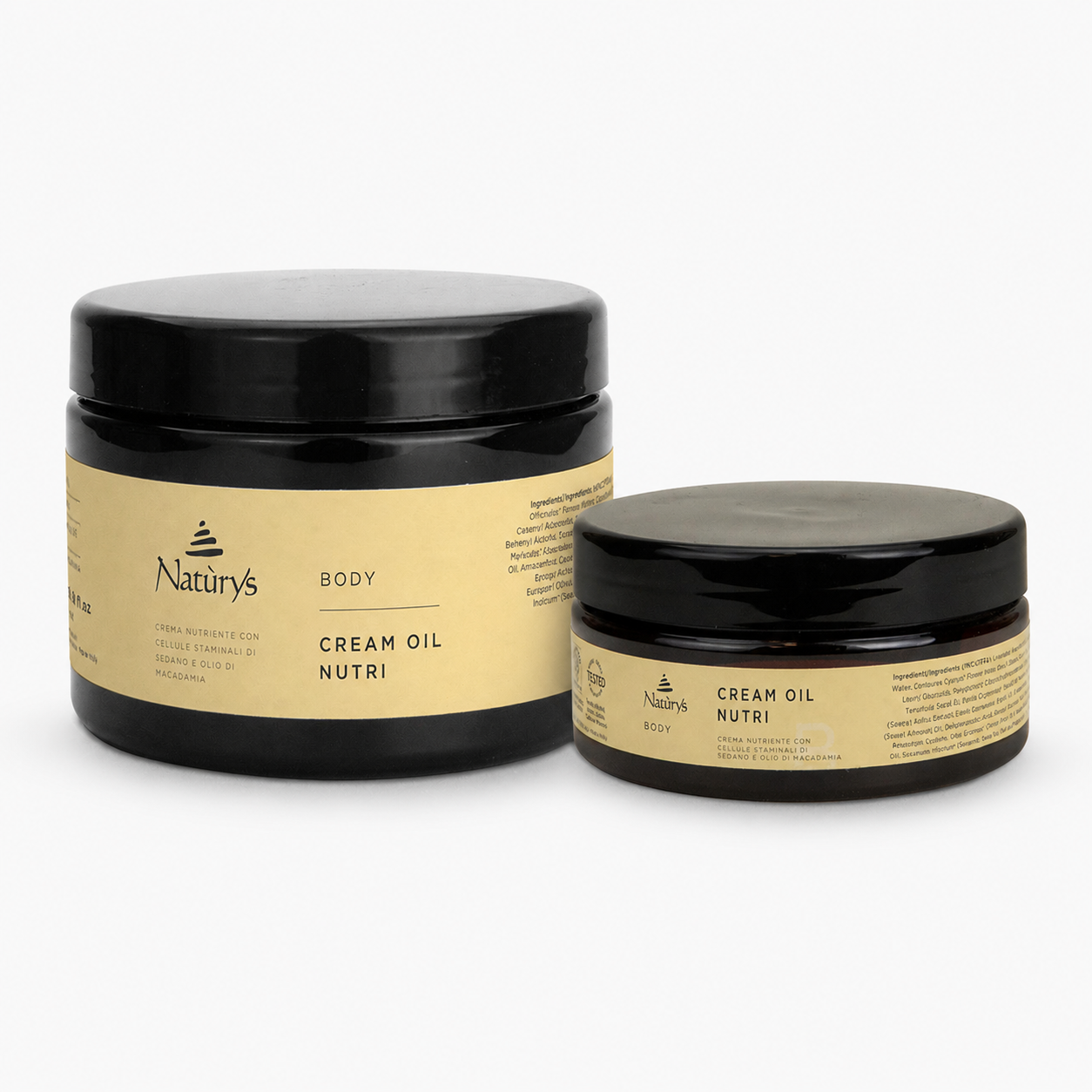 Naturys Body Cream Oil Nutri retail and professional variant image showing the 250ml retail jar and 500ml professional jar together on a clean white background.