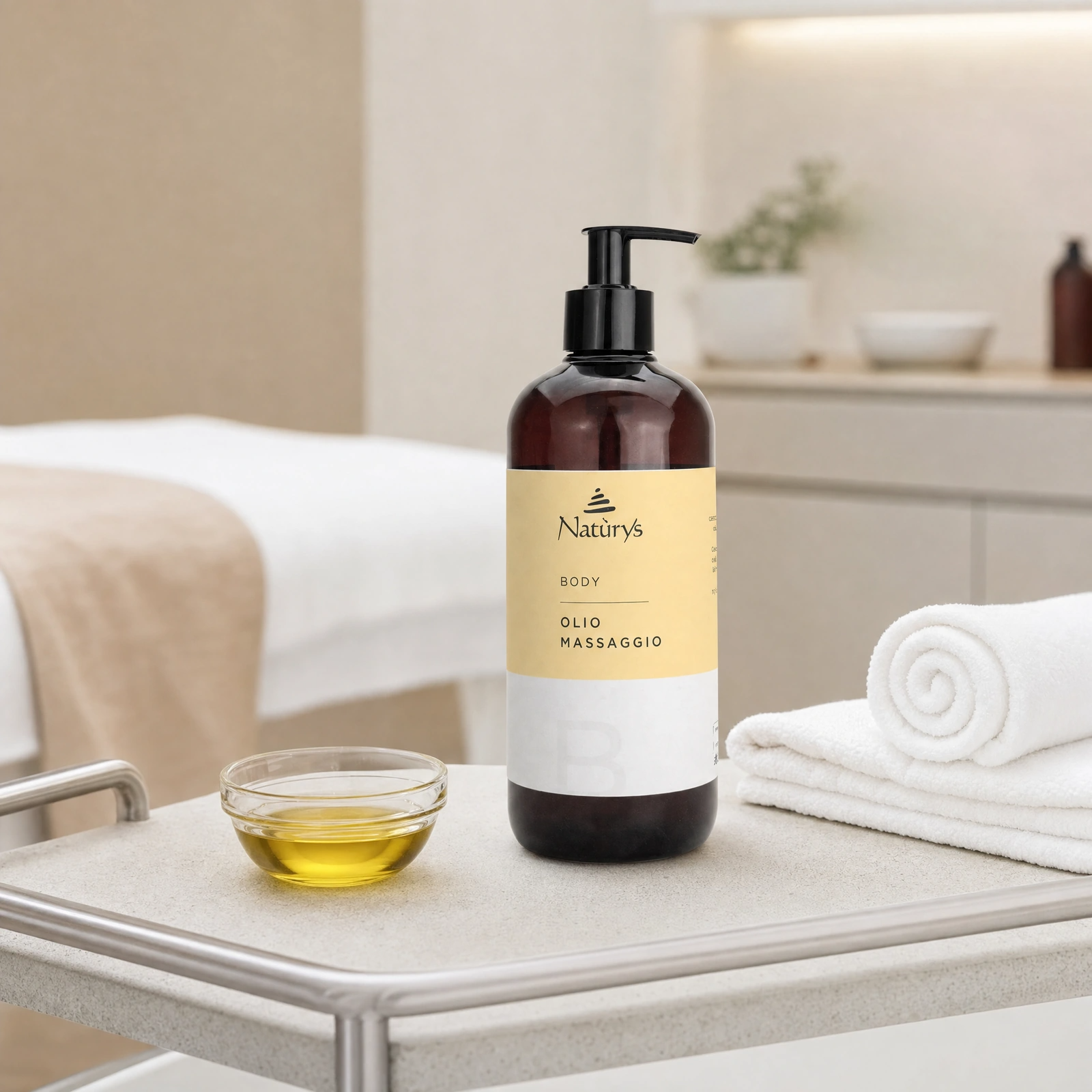 Naturys Body Massage Oil 500ml displayed in a premium clinical treatment-room setting for professional body massage, skin nourishment and cellulite-support protocols.