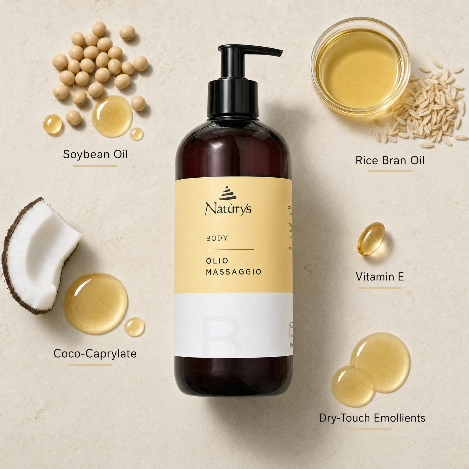 Naturys Body Massage Oil 500ml ingredient flatlay with Soybean Oil, Rice Bran Oil, Coco-Caprylate, Vitamin E and dry-touch emollients.