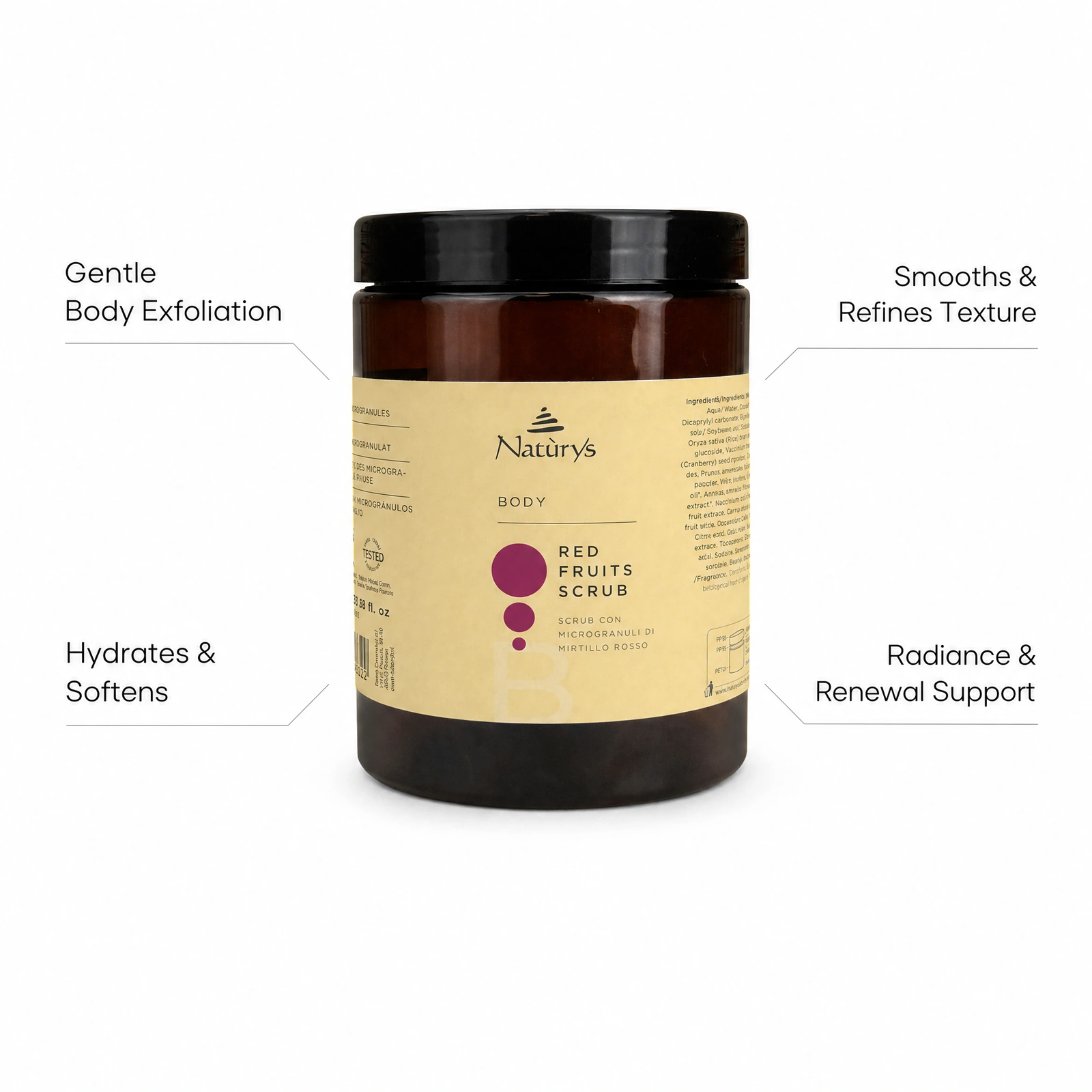Naturys Body Red Fruits Scrub 1kg with professional benefit callouts for gentle body exfoliation, smoothing and refining texture, hydration and softening, and radiance and renewal support.