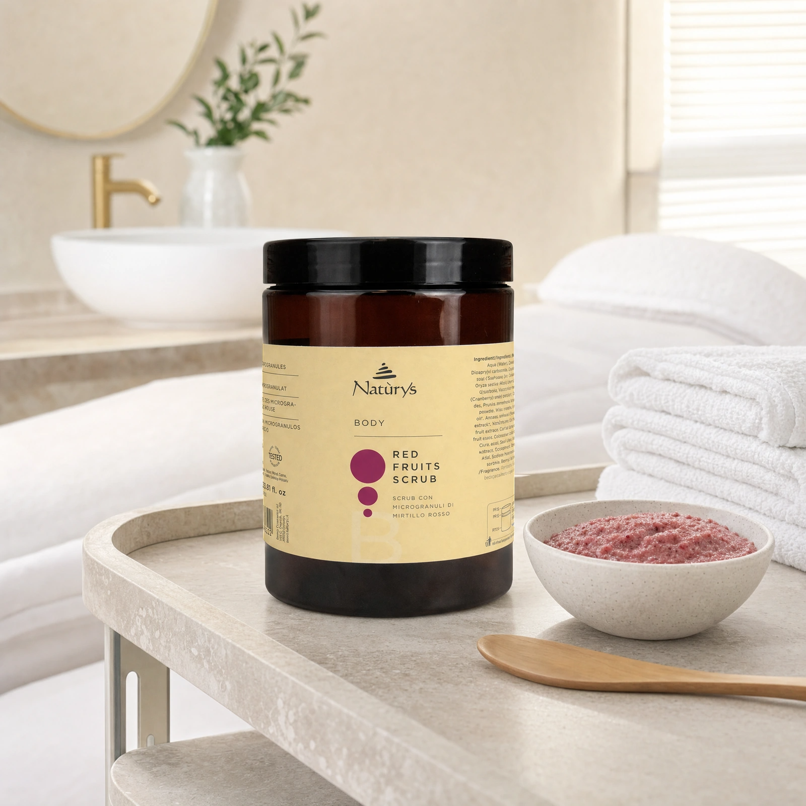 Naturys Body Red Fruits Scrub 1kg displayed in a premium clinical treatment-room setting for professional body exfoliation, radiance and skin-renewal protocols.