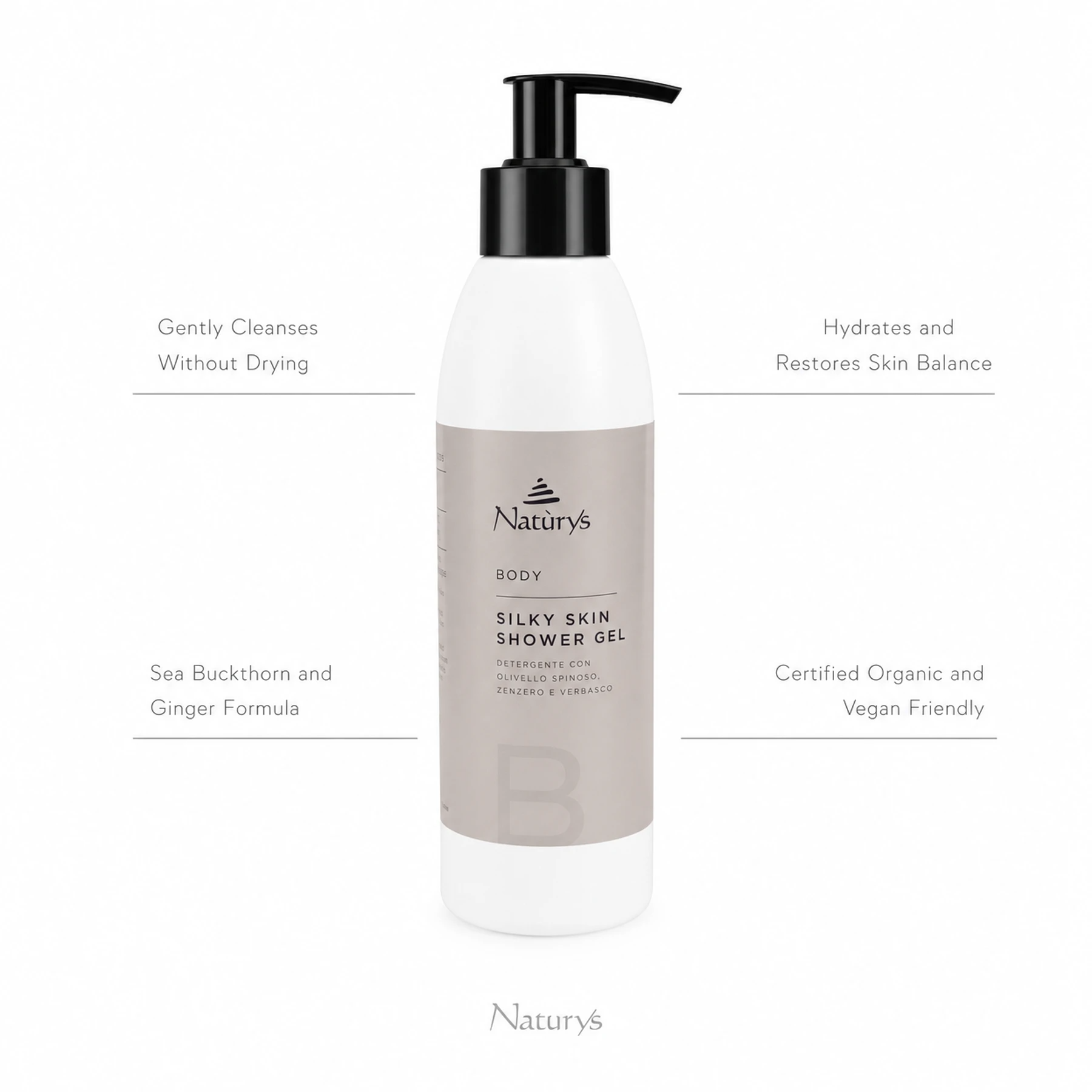 Naturys Body Silky Skin Shower Gel 250ml on white background with four benefit callouts: Gently Cleanses Without Drying, Hydrates and Restores Skin Balance, Sea Buckthorn and Ginger Formula, Certified Organic and Vegan Friendly