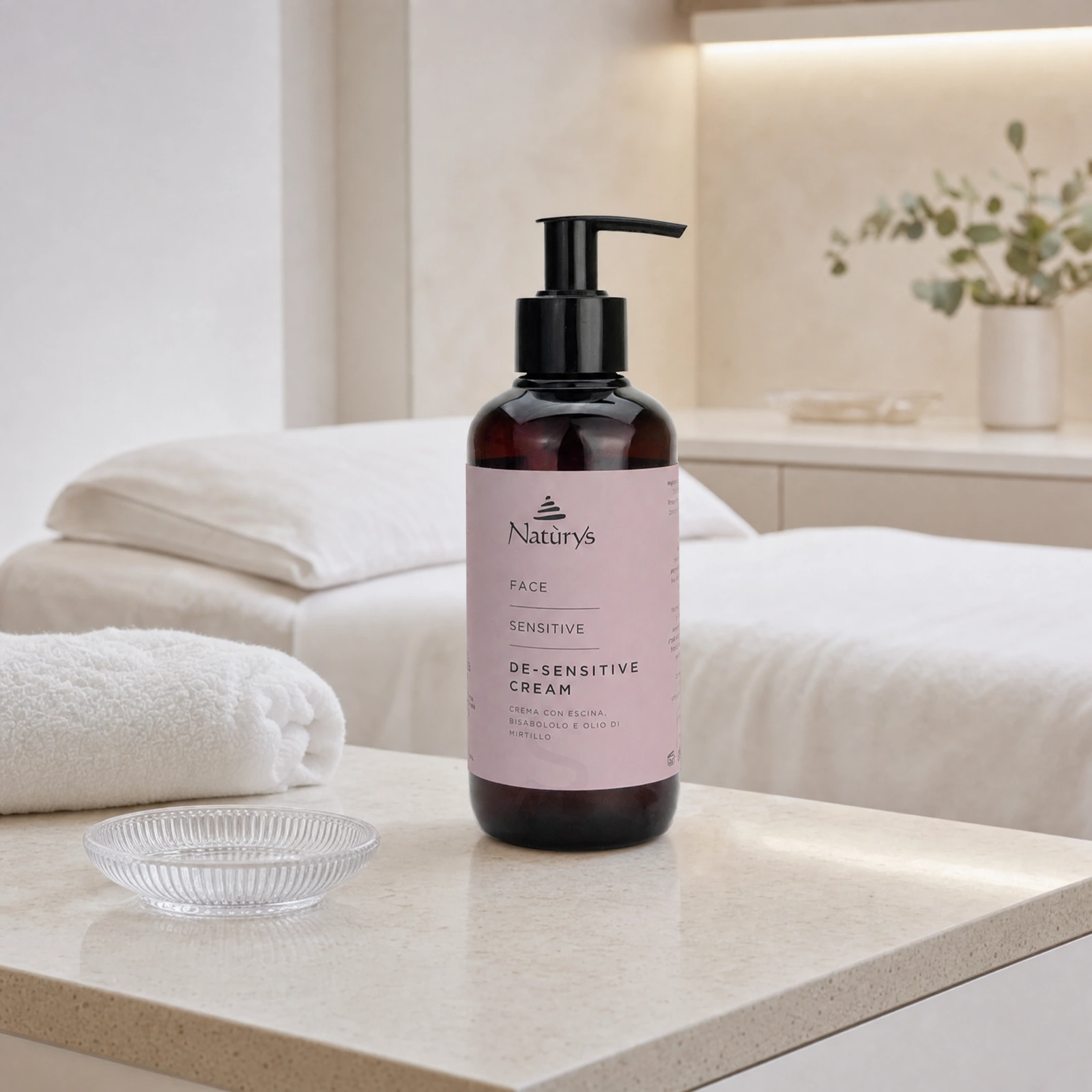Naturys De-Sensitive Cream 250ml displayed in a premium clinical treatment-room setting for professional sensitive-skin redness, comfort and barrier-support protocols.