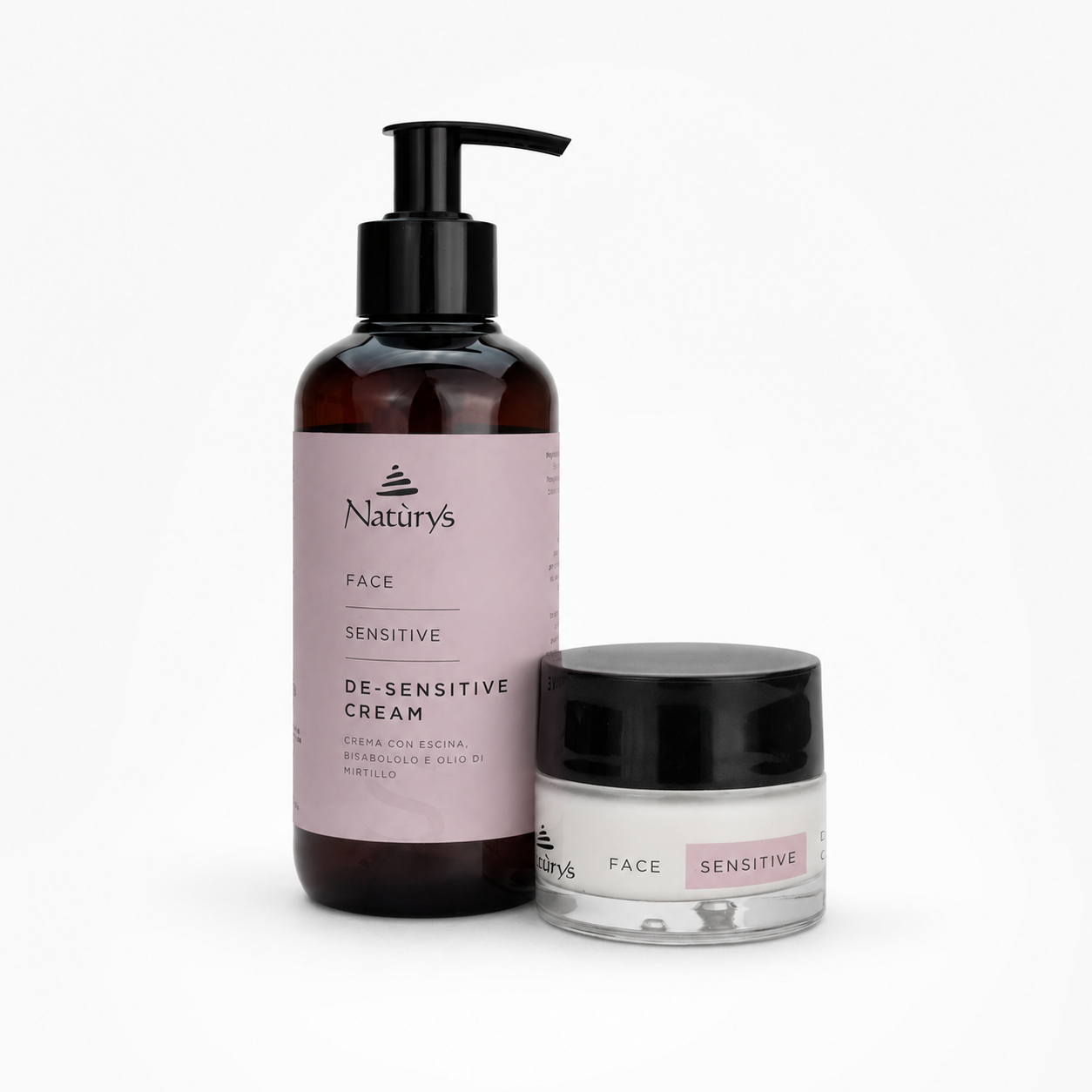 Naturys De-Sensitive Cream retail and professional variant image showing the 50ml retail jar and 250ml professional pump bottle together on a clean white background.