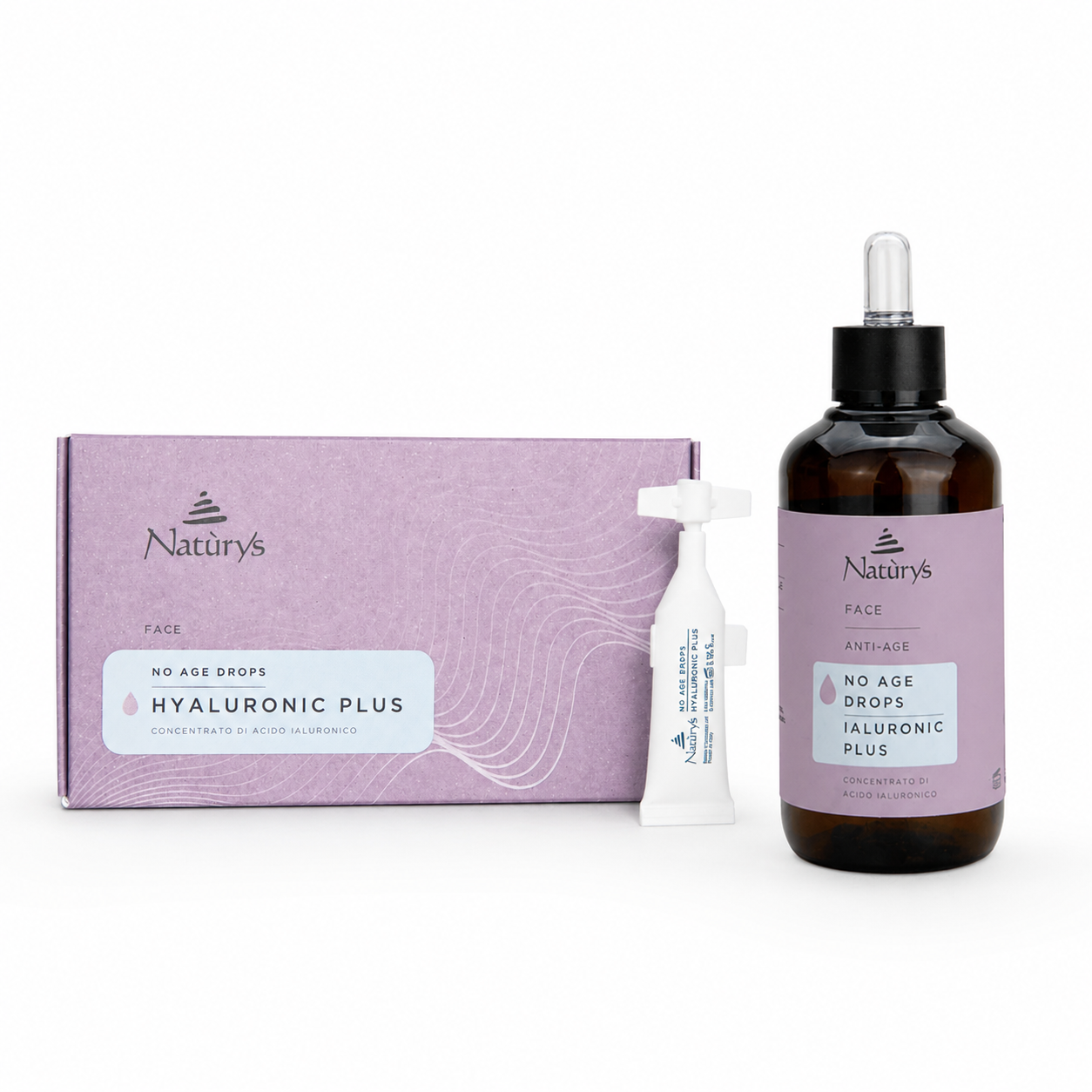 Naturys Face Anti-Age No Age Drops Hyaluronic Plus retail and professional variant image showing the 100ml retail dropper bottle and professional ampoule box together on a clean white background.