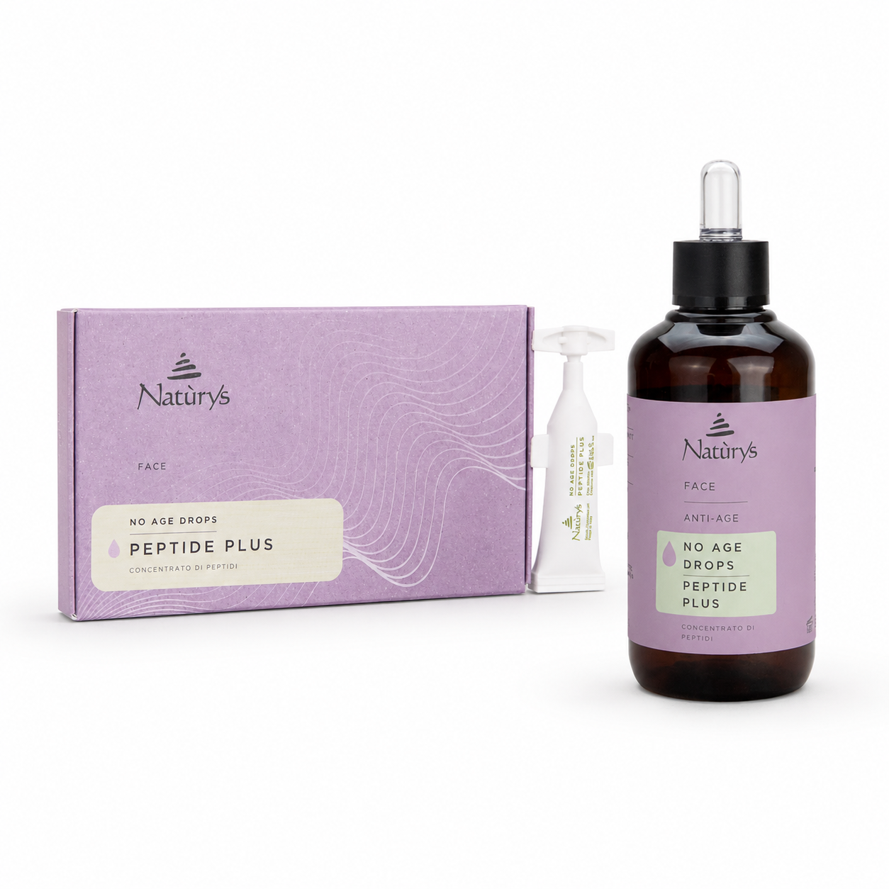 Naturys Face Anti-Age No Age Drops Peptide Plus retail and professional variant image showing the 100ml retail dropper bottle and professional ampoule box together on a clean white background.