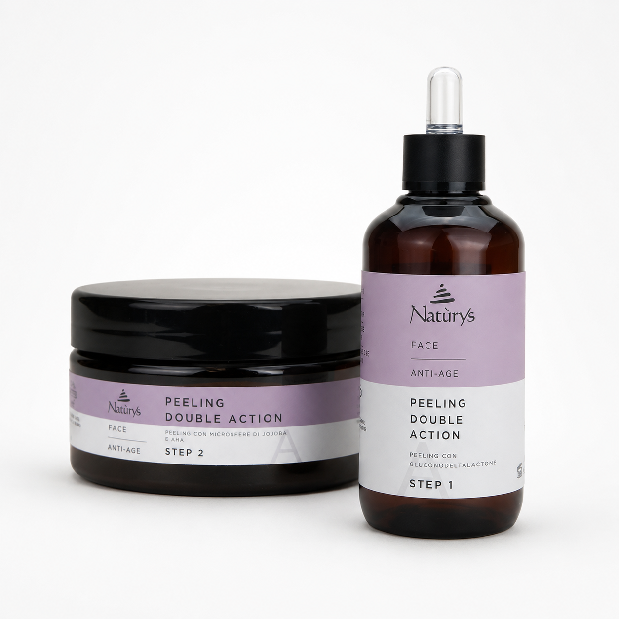 Naturys Face Anti-Age Peeling Double Action treatment duo showing Step 1 100ml peeling solution and Step 2 250ml peeling cream together on a clean white background.