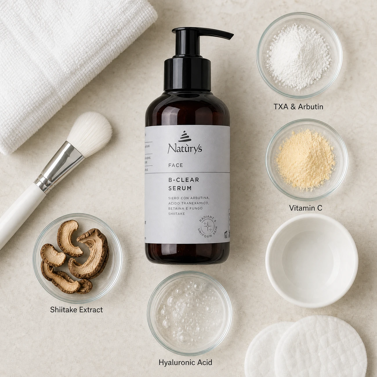 Naturys Face B-Clear Serum 100ml ingredients flatlay with tranexamic acid and arbutin, vitamin C, shiitake mushroom, and hyaluronic acid in clean glass petri dishes for professional B2B education.