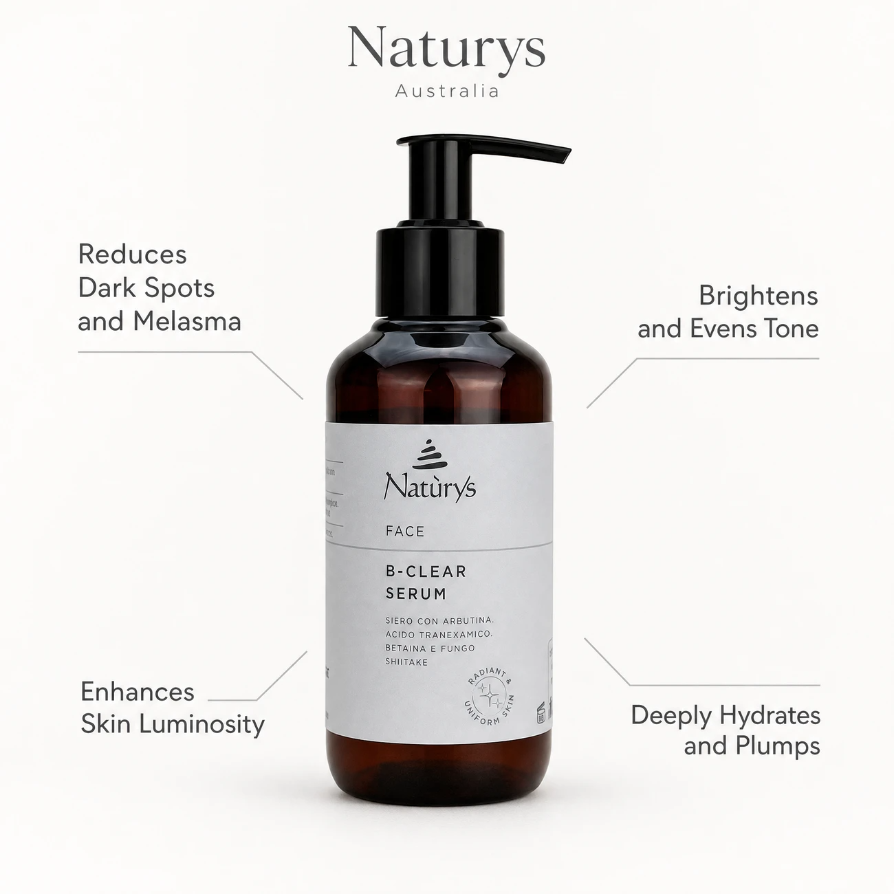 Naturys Face B-Clear Serum 100ml benefit callout image highlighting dark spot reduction, skin tone brightening, enhanced luminosity, and deep hydration.