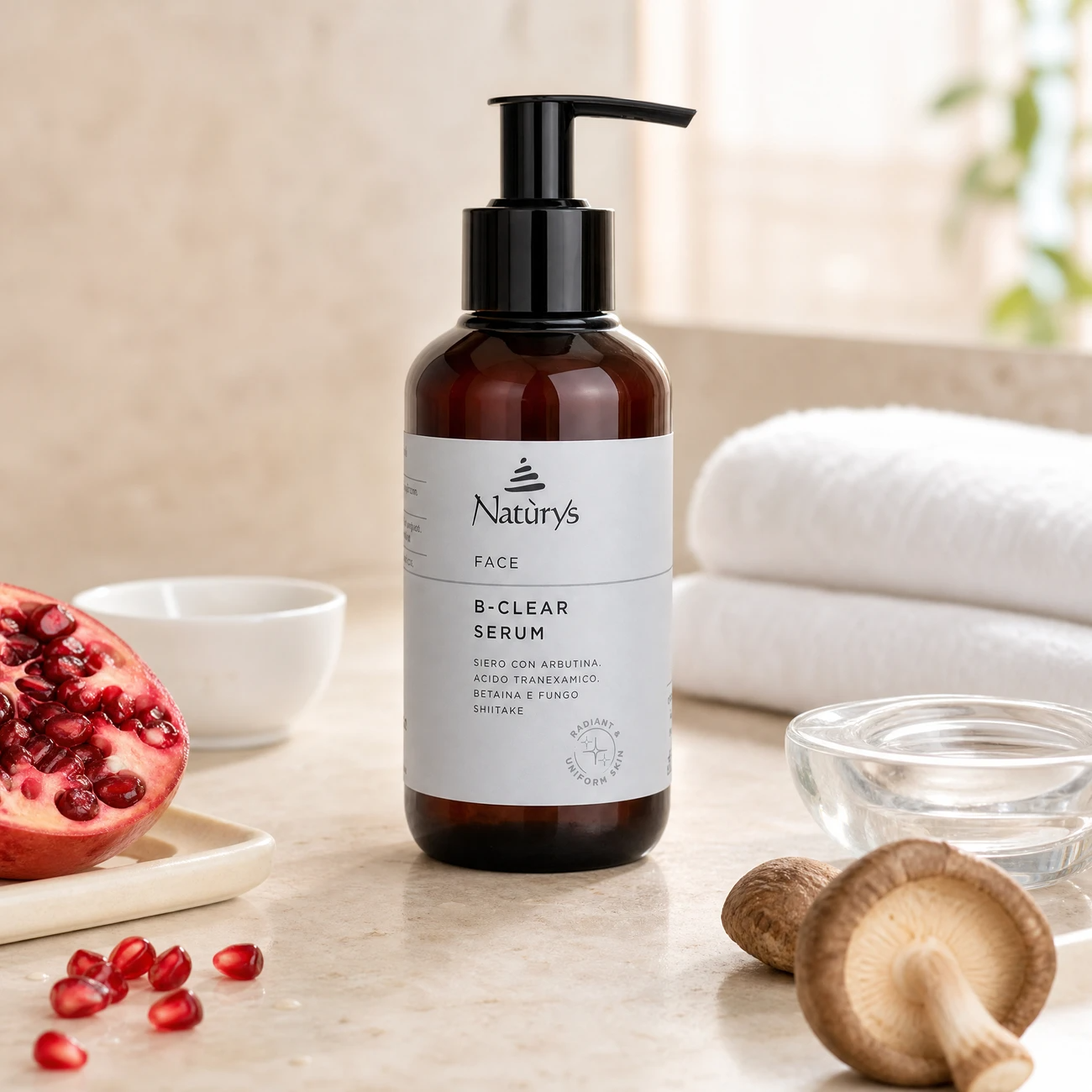Naturys Face B-Clear Serum 100ml professional amber pump bottle styled in a serene clinical spa treatment room for Beauty Collective Pro.