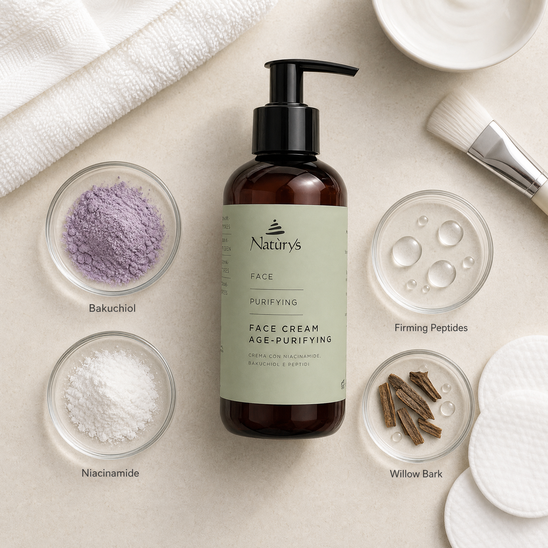 Naturys Face Cream Age-Purifying 250ml ingredients flatlay with bakuchiol, niacinamide, firming peptides, and willow bark extract in clean glass petri dishes for professional B2B education.