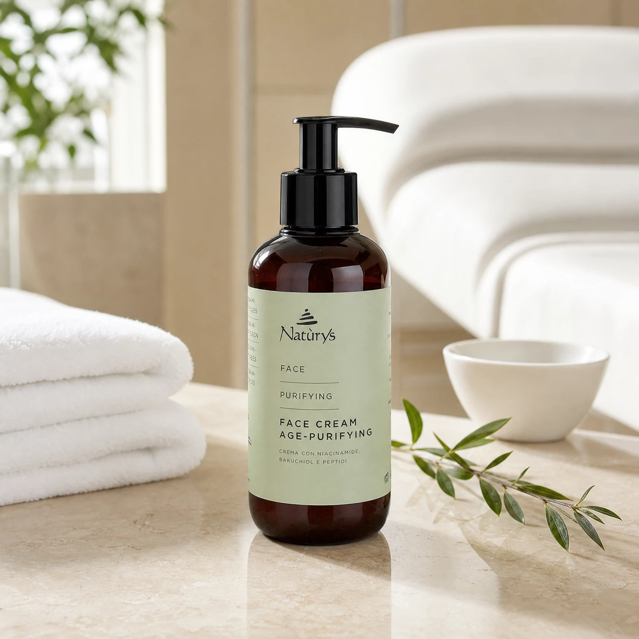Naturys Face Cream Age-Purifying 250ml professional amber pump bottle with sage green label styled in a serene clinical spa treatment room for Beauty Collective Pro.