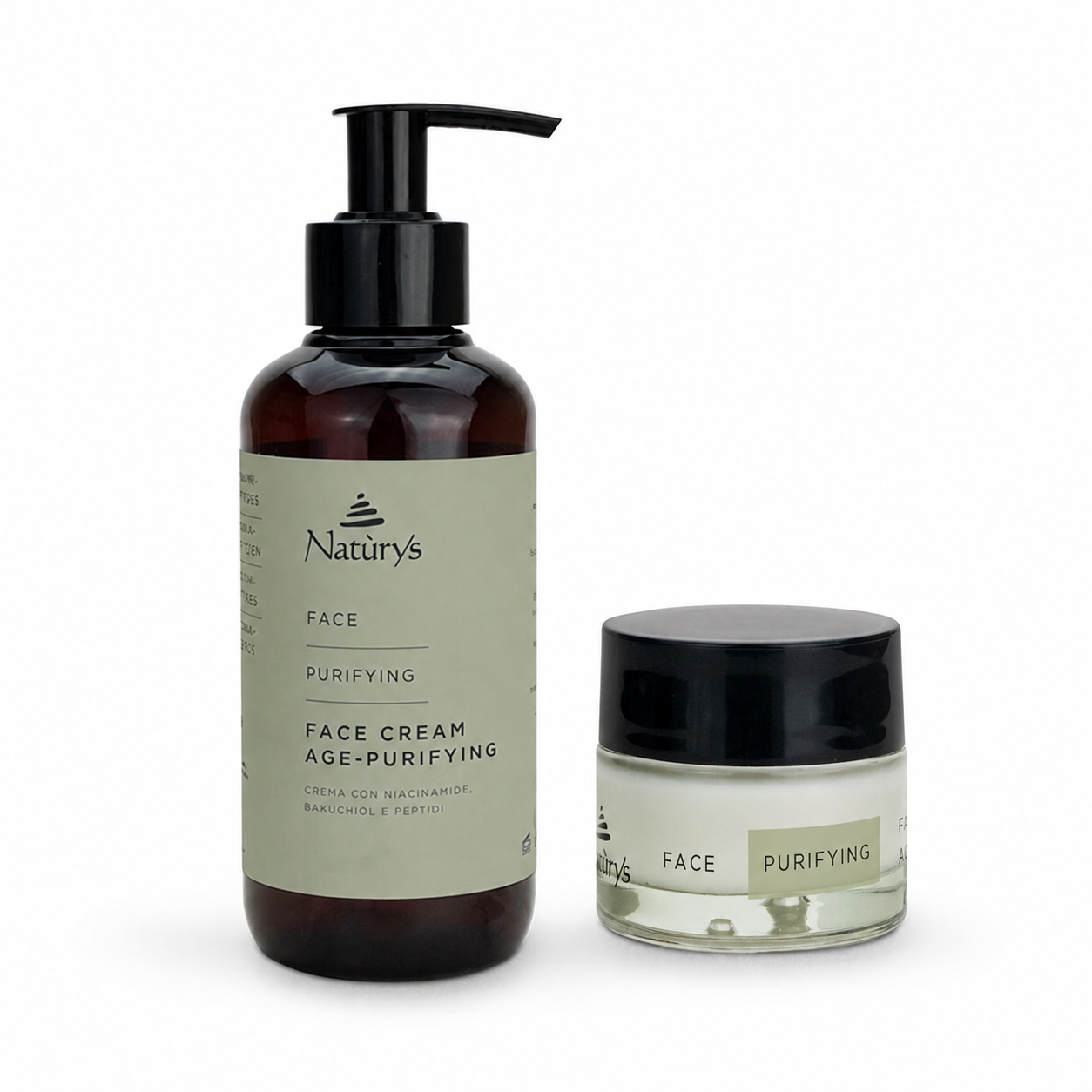 Naturys Face Cream Age-Purifying retail jar and professional pump bottle displayed together in a side-by-side duo packshot.