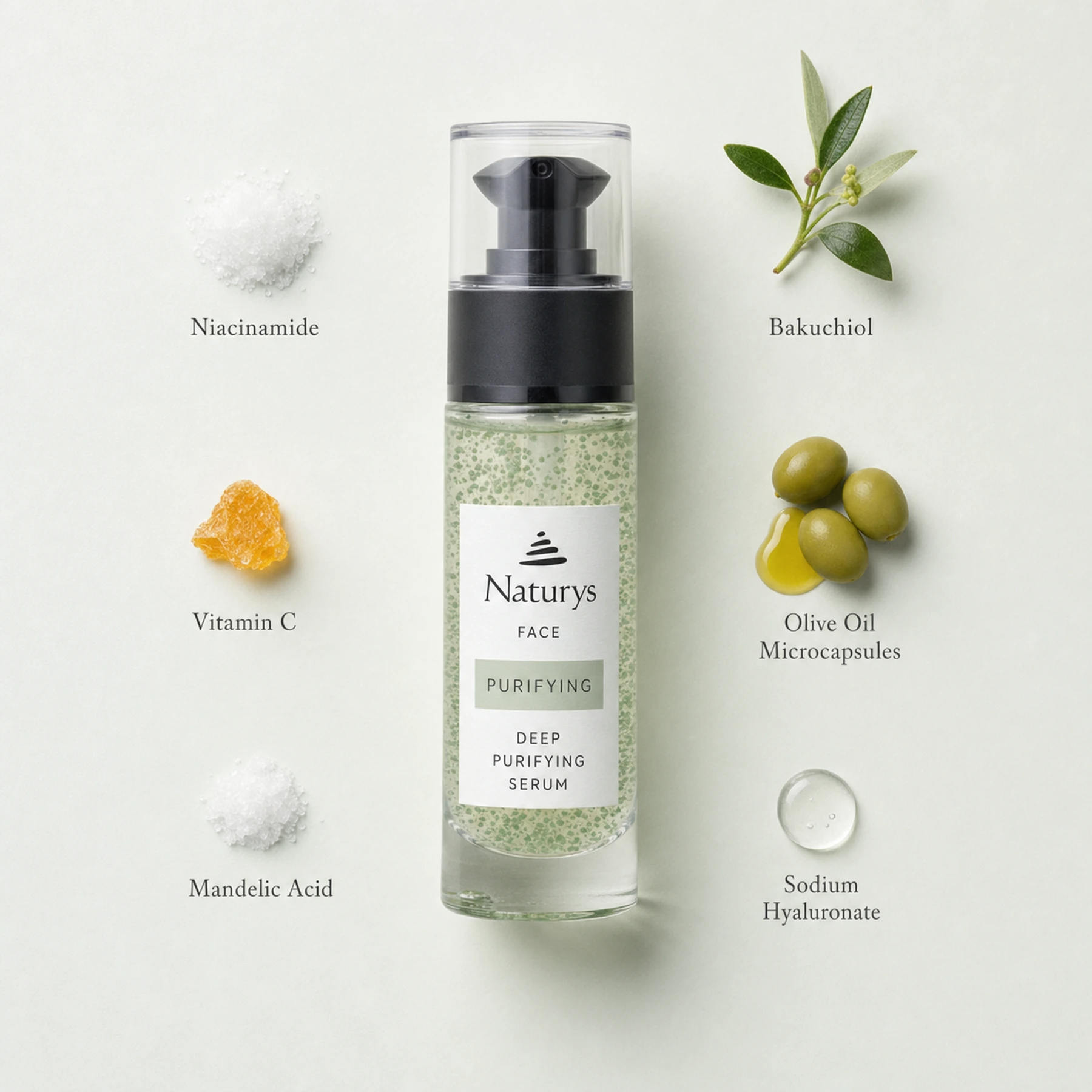 Naturys Deep Purifying Serum 30ml ingredient flatlay on cool pale sage surface with labelled ingredients: Niacinamide, Bakuchiol, Vitamin C, Olive Oil Microcapsules, Mandelic Acid, and Sodium Hyaluronate