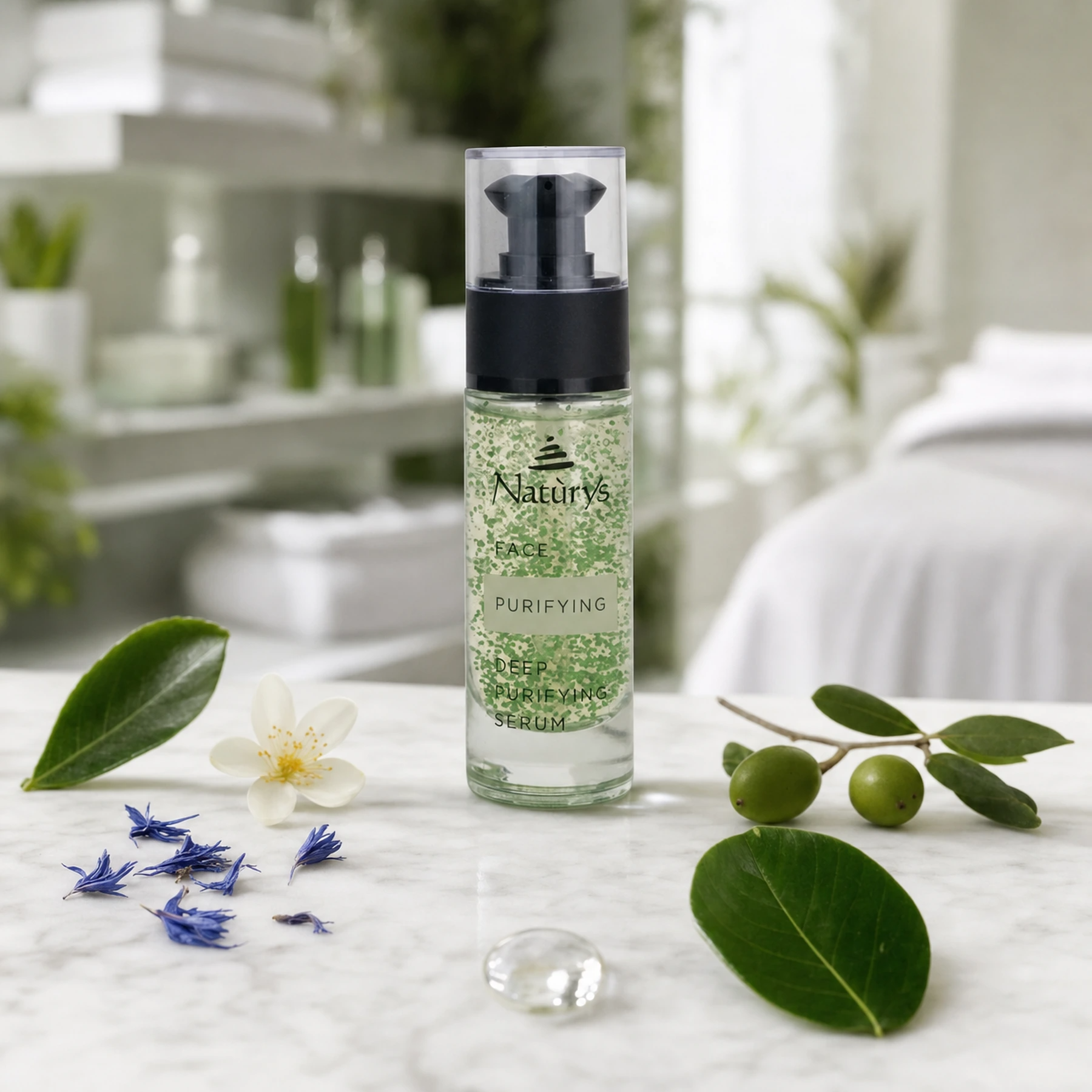 Naturys Deep Purifying Serum 30ml on a cool white marble spa surface with a camellia leaf, dried blue cornflower petals, a white orange blossom flower, a green olive branch with olives, green tea leaves, and a clear crystal droplet in a bright airy luxury spa treatment room
